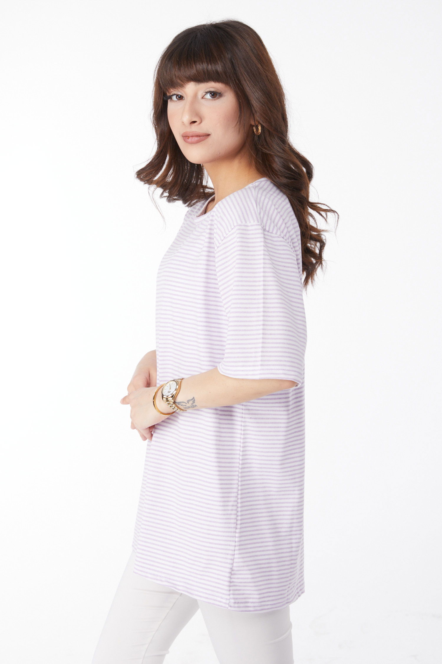 Düz Bisiklet Yaka Kadın Lila Çizglİi T-short - 25119 - 4