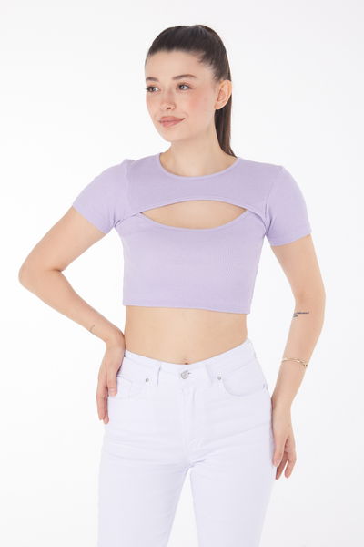 Düz Bisiklet Yaka Kadın Lila Crop - 25852 