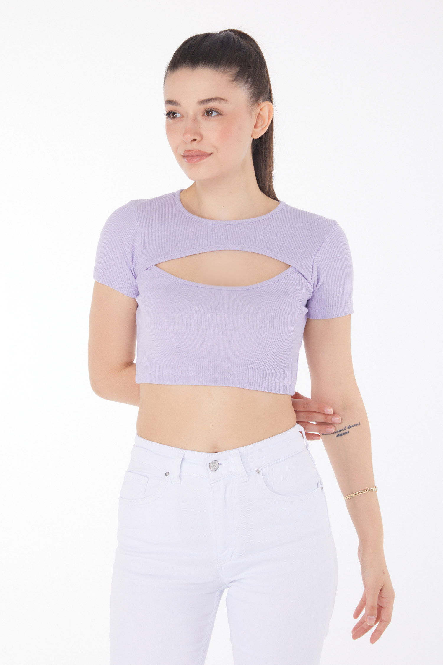 Düz Bisiklet Yaka Kadın Lila Crop - 25852 - 2