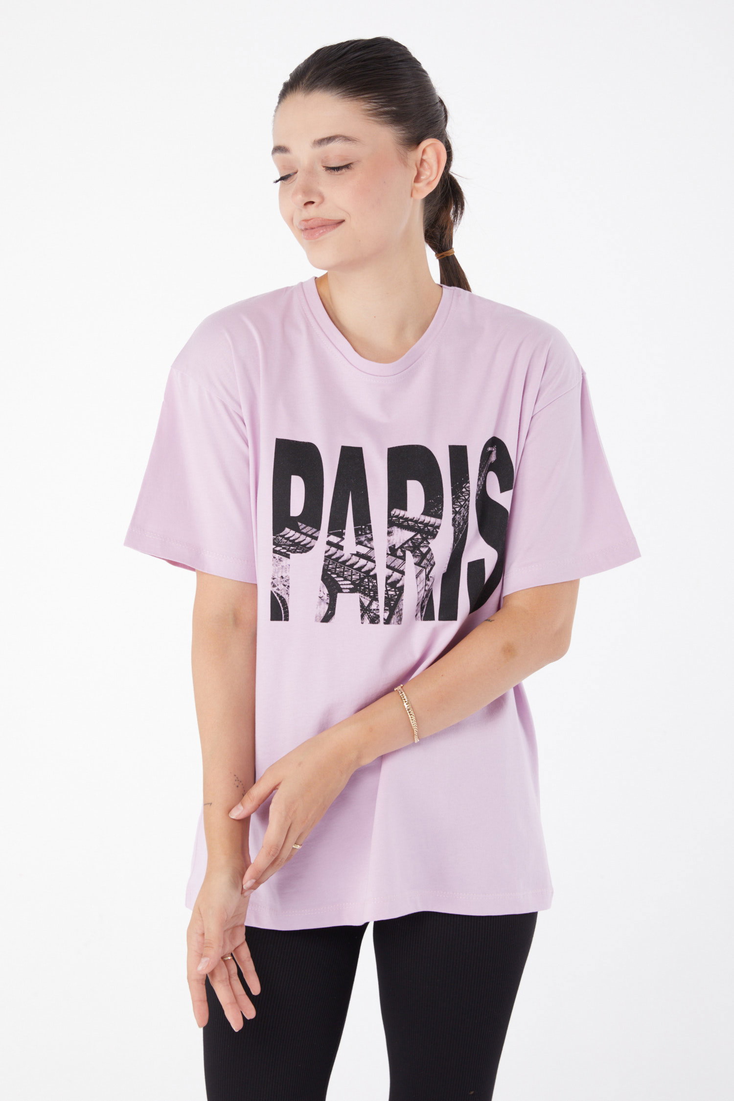 Kısa Kollu Baskılı T-shirt Lila - 25985 - 2