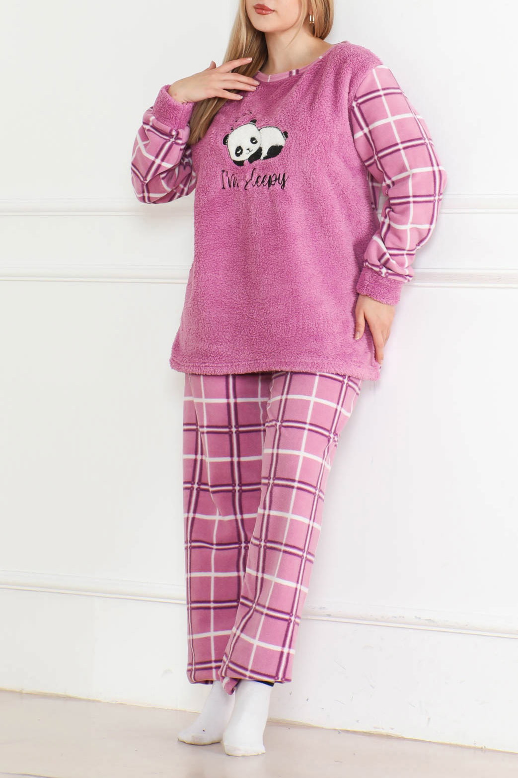 Nakışlı Peluş Polar Pijama Takım Lila - 26638 - 1