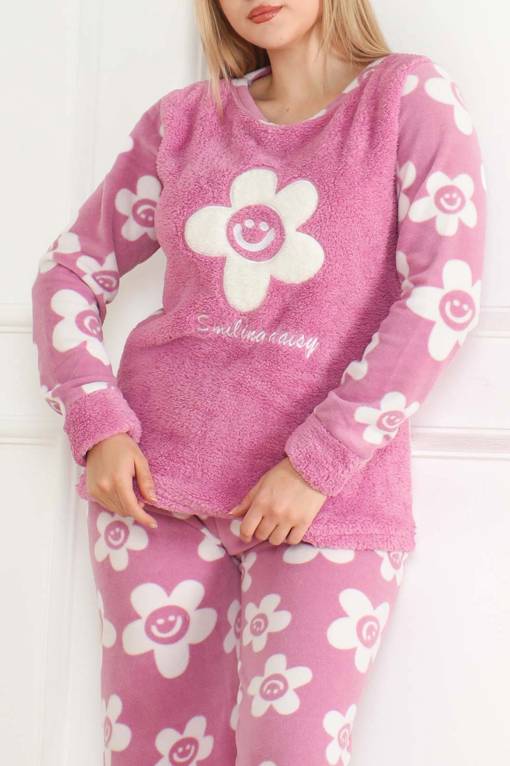 Nakışlı Peluş Polar Pijama Takım Lila - 26641 - 3