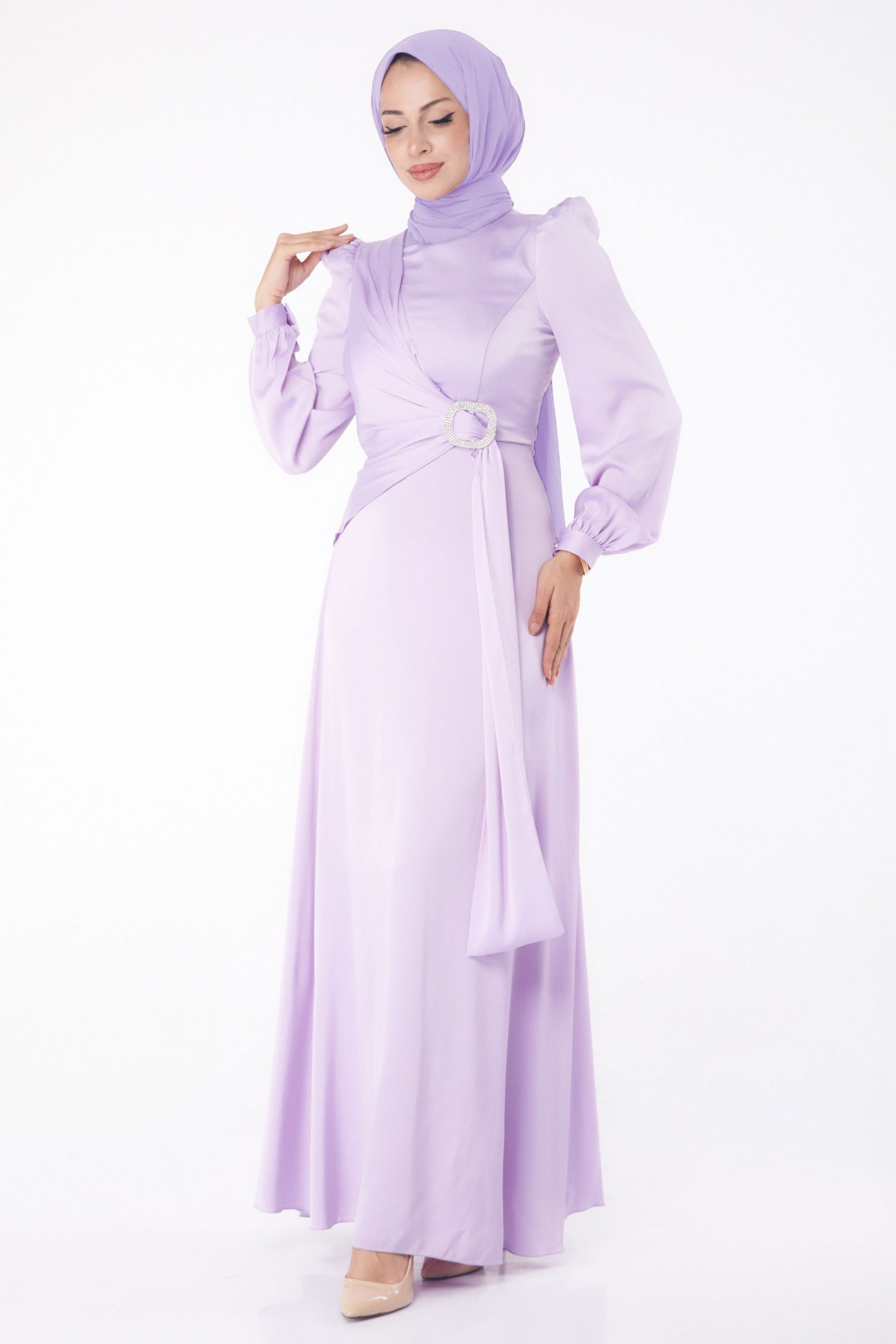 Taşlı Abiye Elbise Lila - 26193 - 1