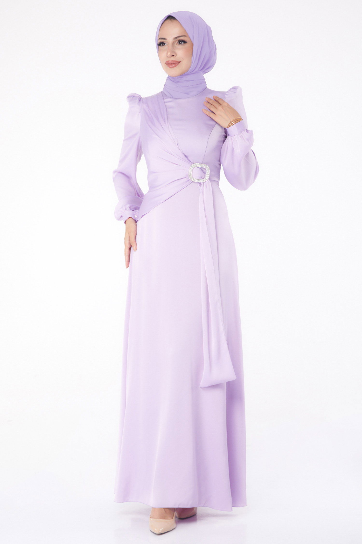 Taşlı Abiye Elbise Lila - 26193 - 3