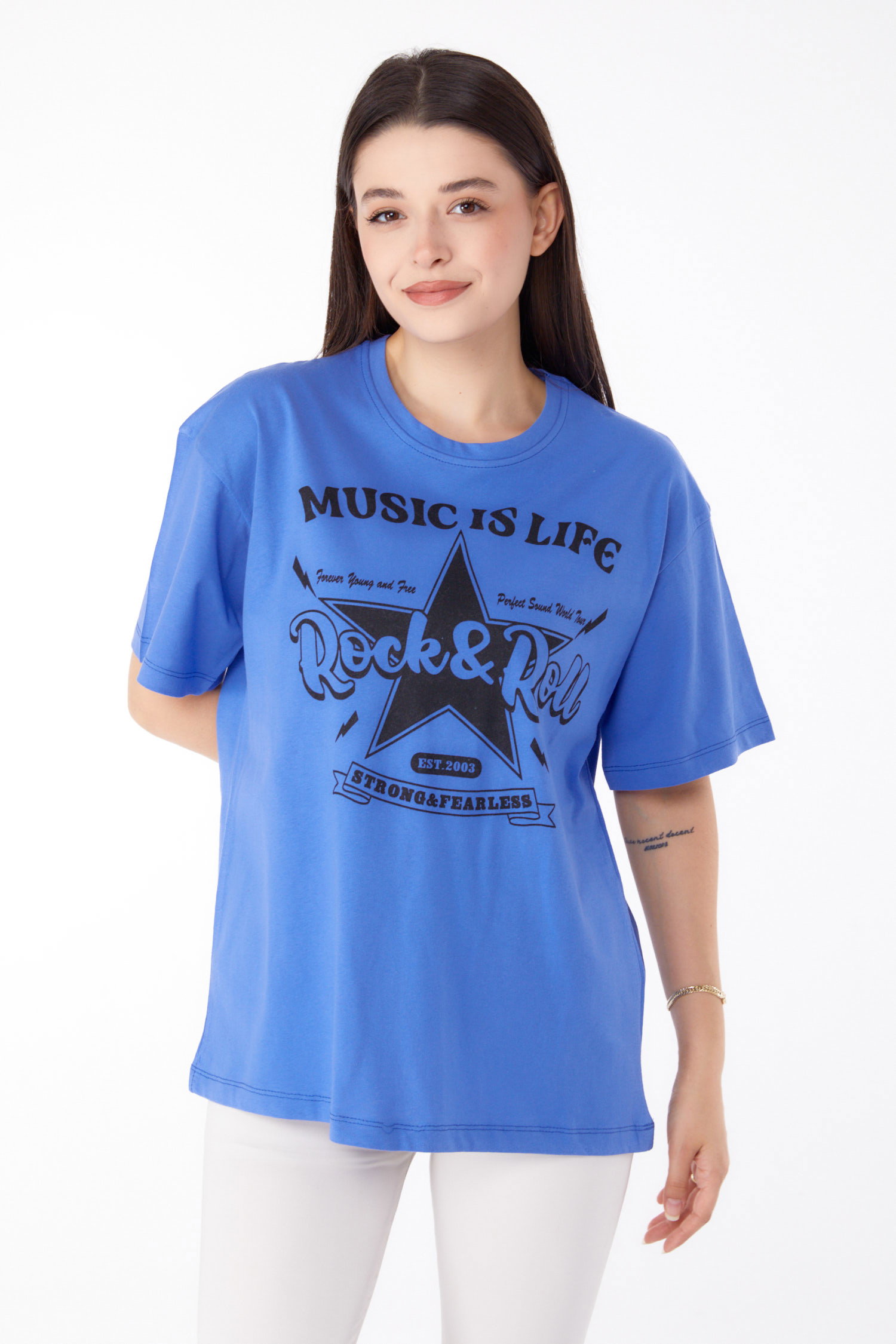 Düz Bisiklet Yaka Kadın Mavi Baskılı T-shirt - 25700 - 1