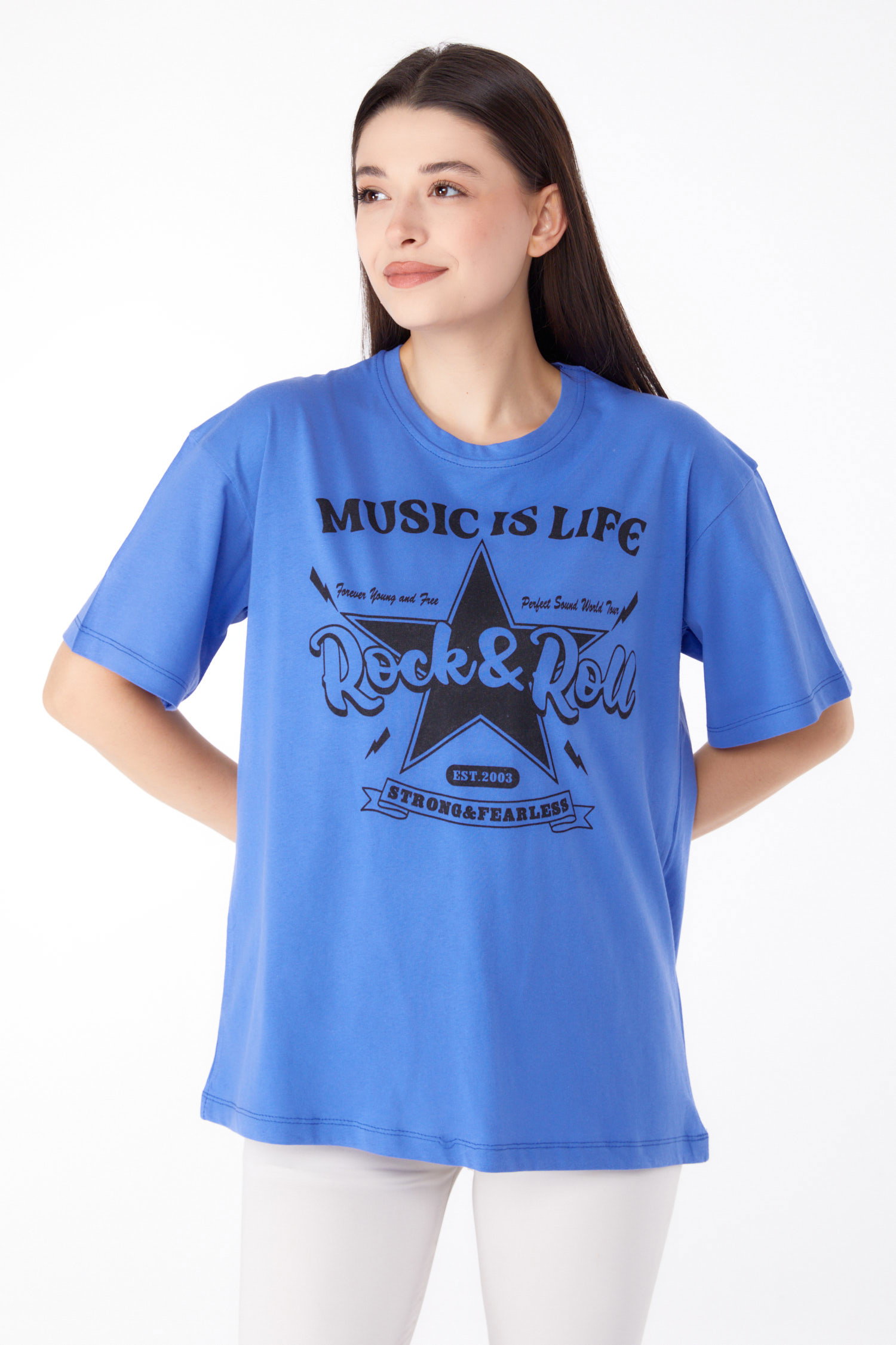 Düz Bisiklet Yaka Kadın Mavi Baskılı T-shirt - 25700 - 2