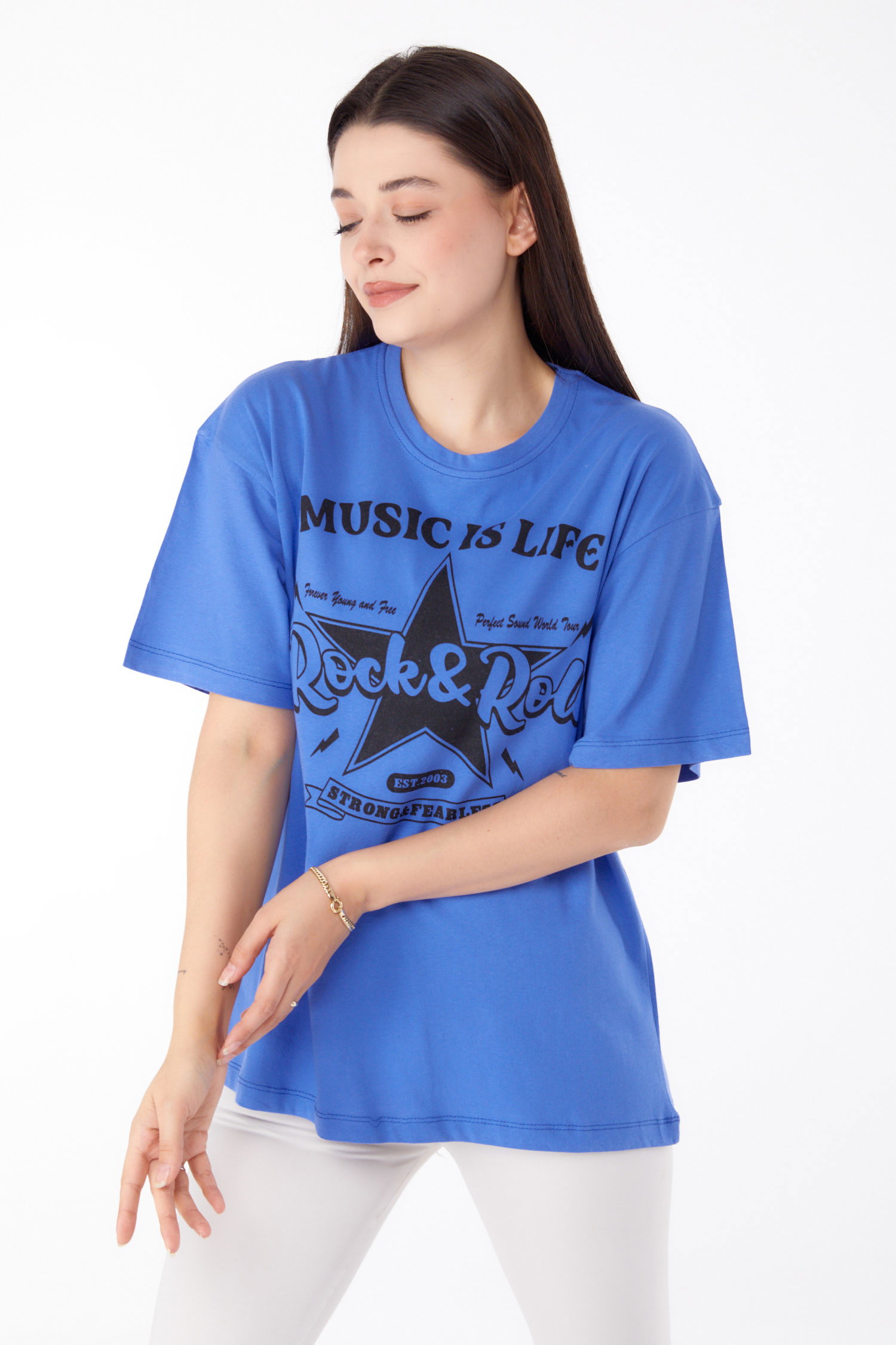 Düz Bisiklet Yaka Kadın Mavi Baskılı T-shirt - 25700 - 3