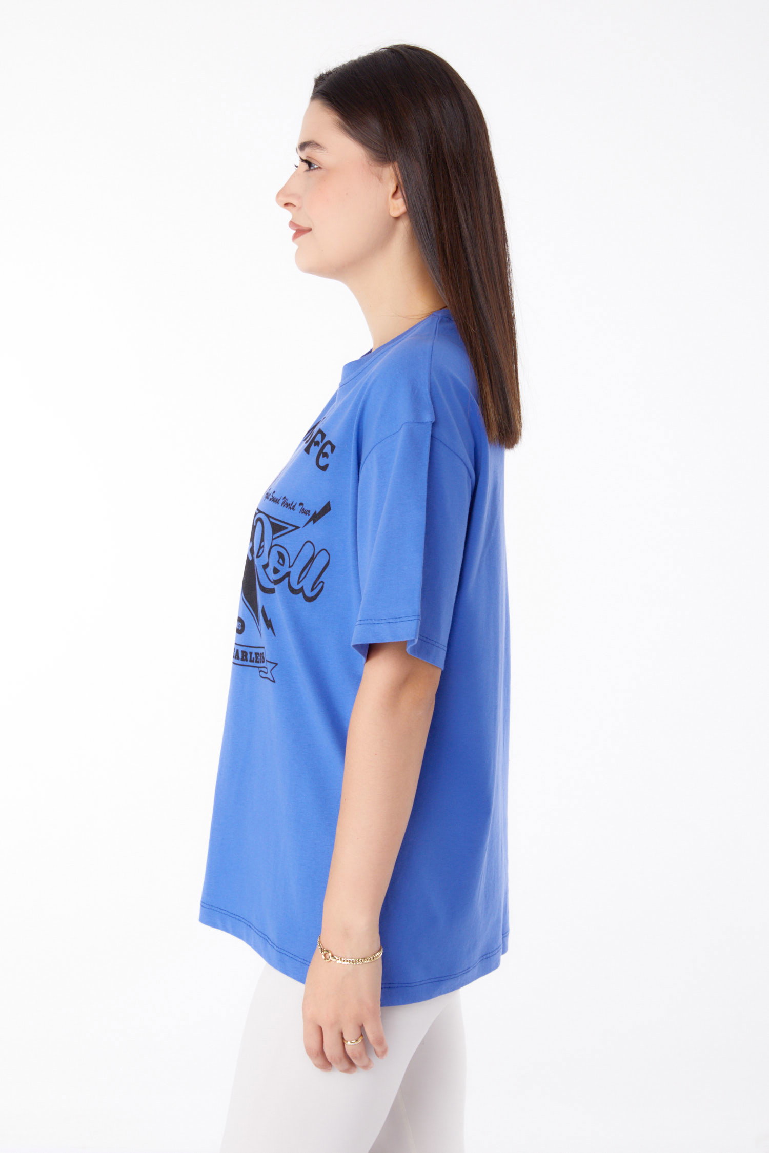 Düz Bisiklet Yaka Kadın Mavi Baskılı T-shirt - 25700 - 4