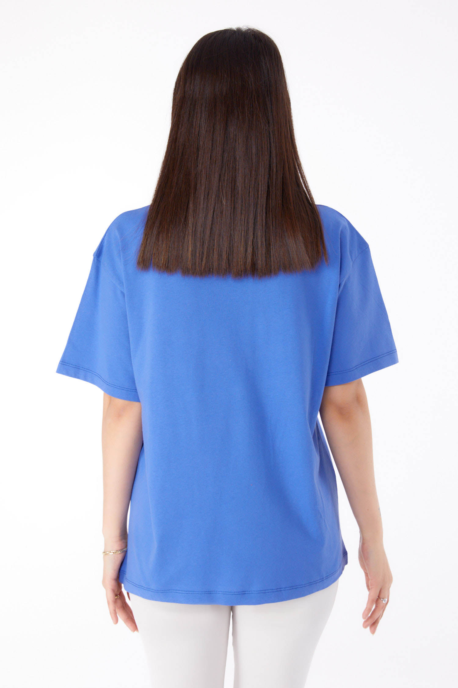 Düz Bisiklet Yaka Kadın Mavi Baskılı T-shirt - 25700 - 5