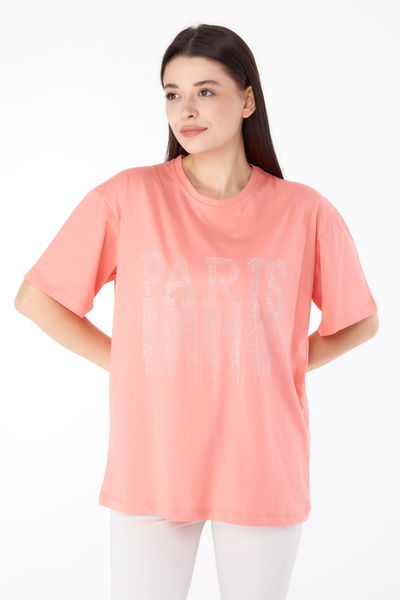 Taşlı T-shirt Mercan - 25698 