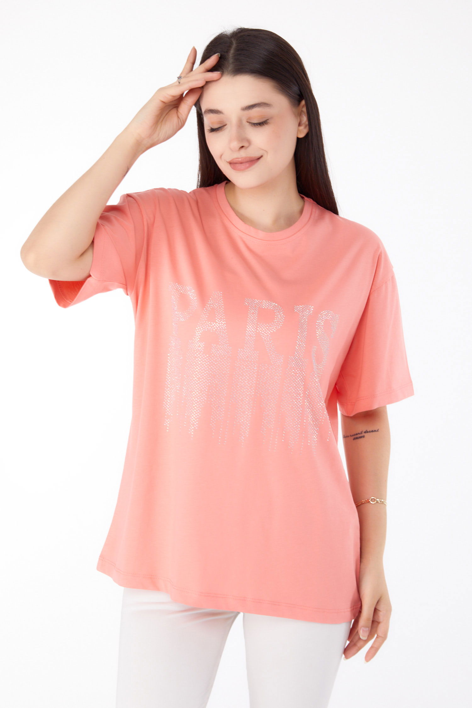 Taşlı T-shirt Mercan - 25698 - 2