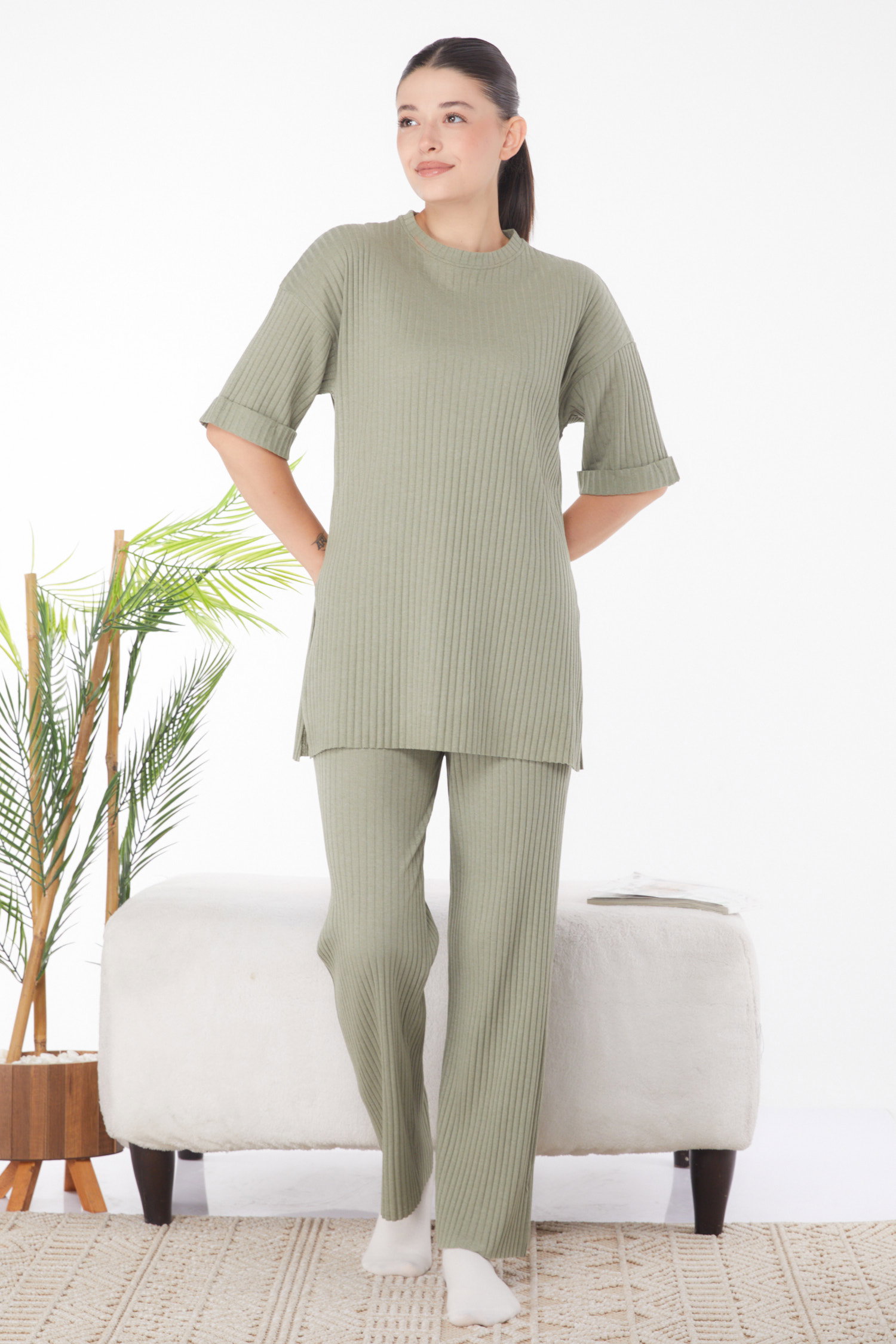 Düz Bisiklet Yaka Kadın Mint Bislet Yaka Kısa Kollu Pijama Takımı - 24453 - 1