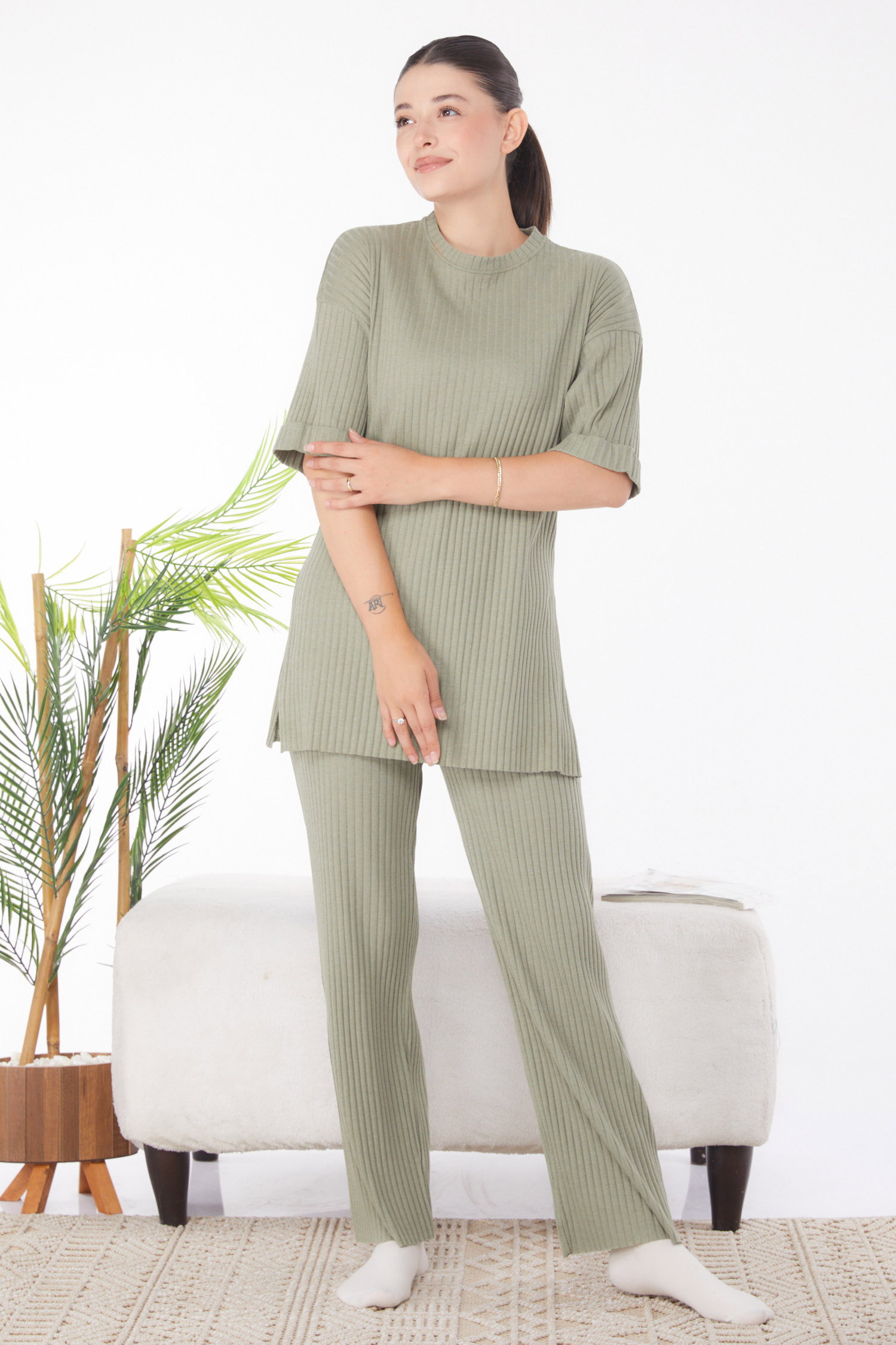 Düz Bisiklet Yaka Kadın Mint Bislet Yaka Kısa Kollu Pijama Takımı - 24453 - 2
