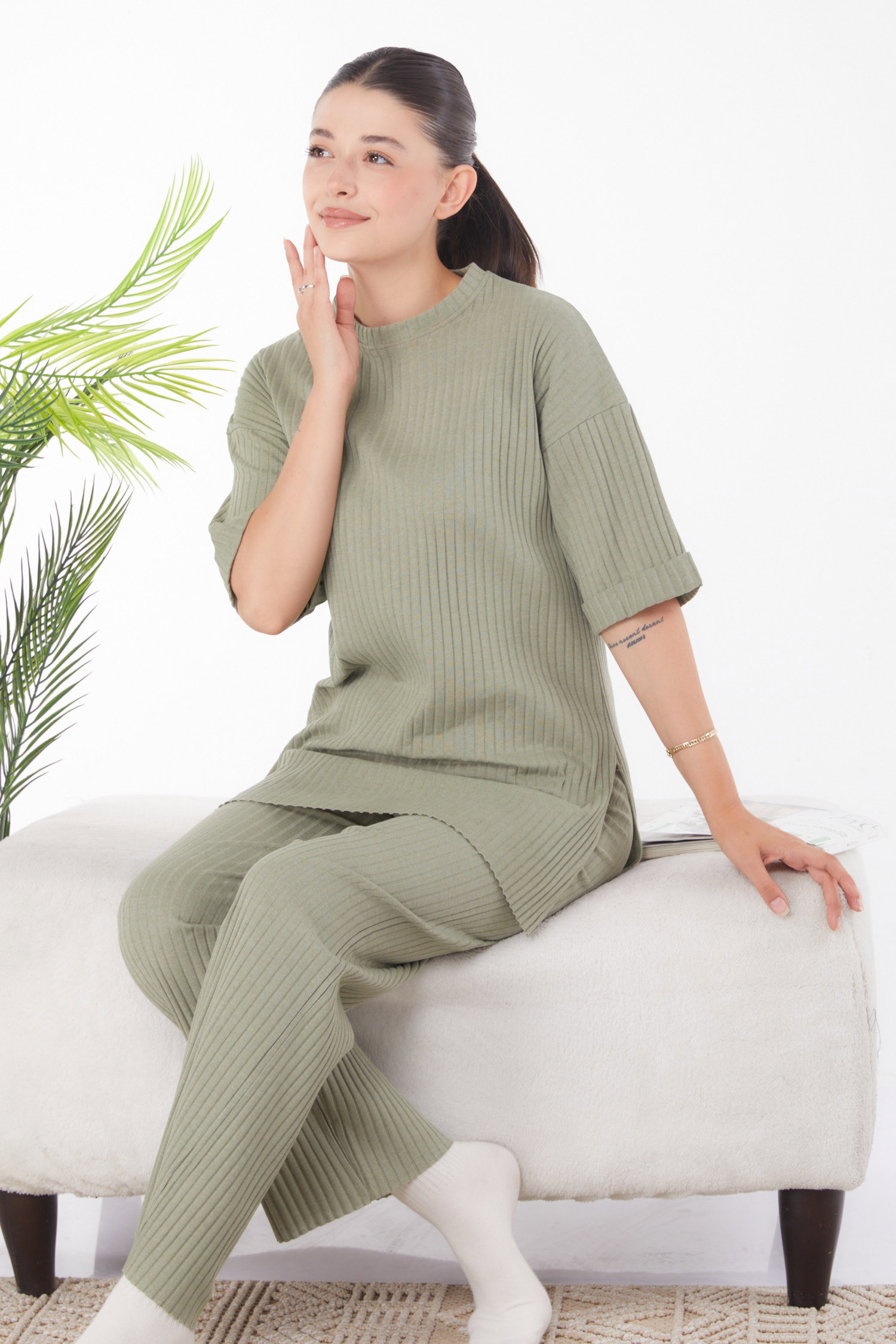 Düz Bisiklet Yaka Kadın Mint Bislet Yaka Kısa Kollu Pijama Takımı - 24453 - 3