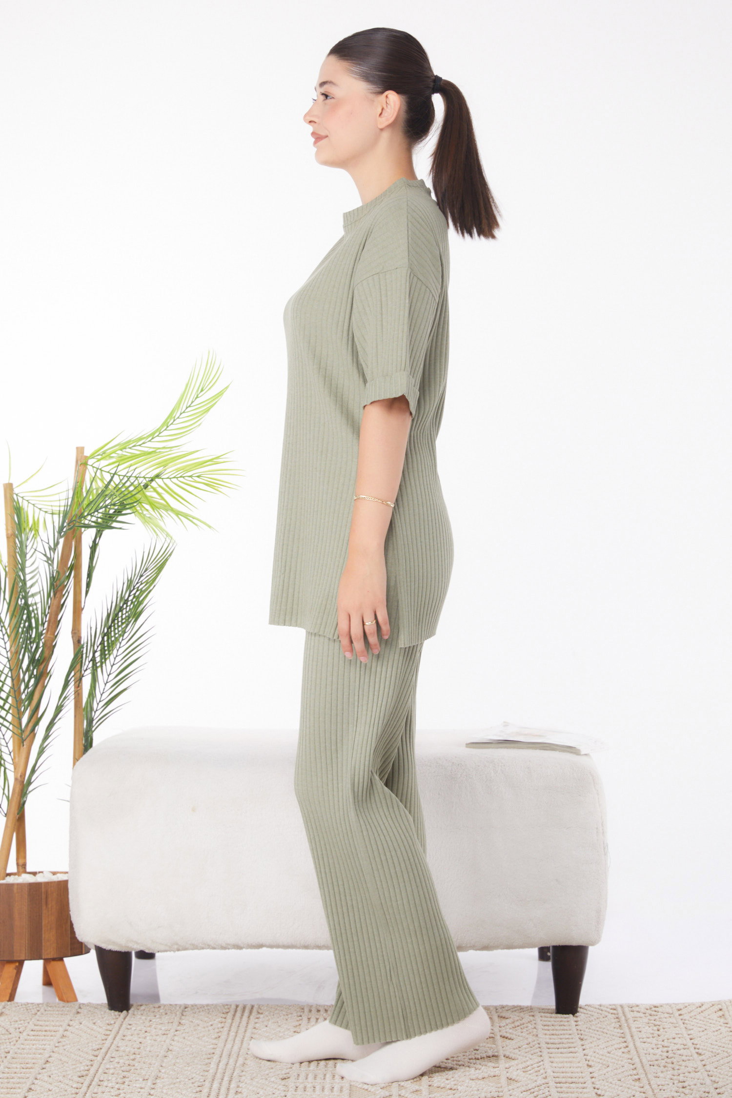 Düz Bisiklet Yaka Kadın Mint Bislet Yaka Kısa Kollu Pijama Takımı - 24453 - 4
