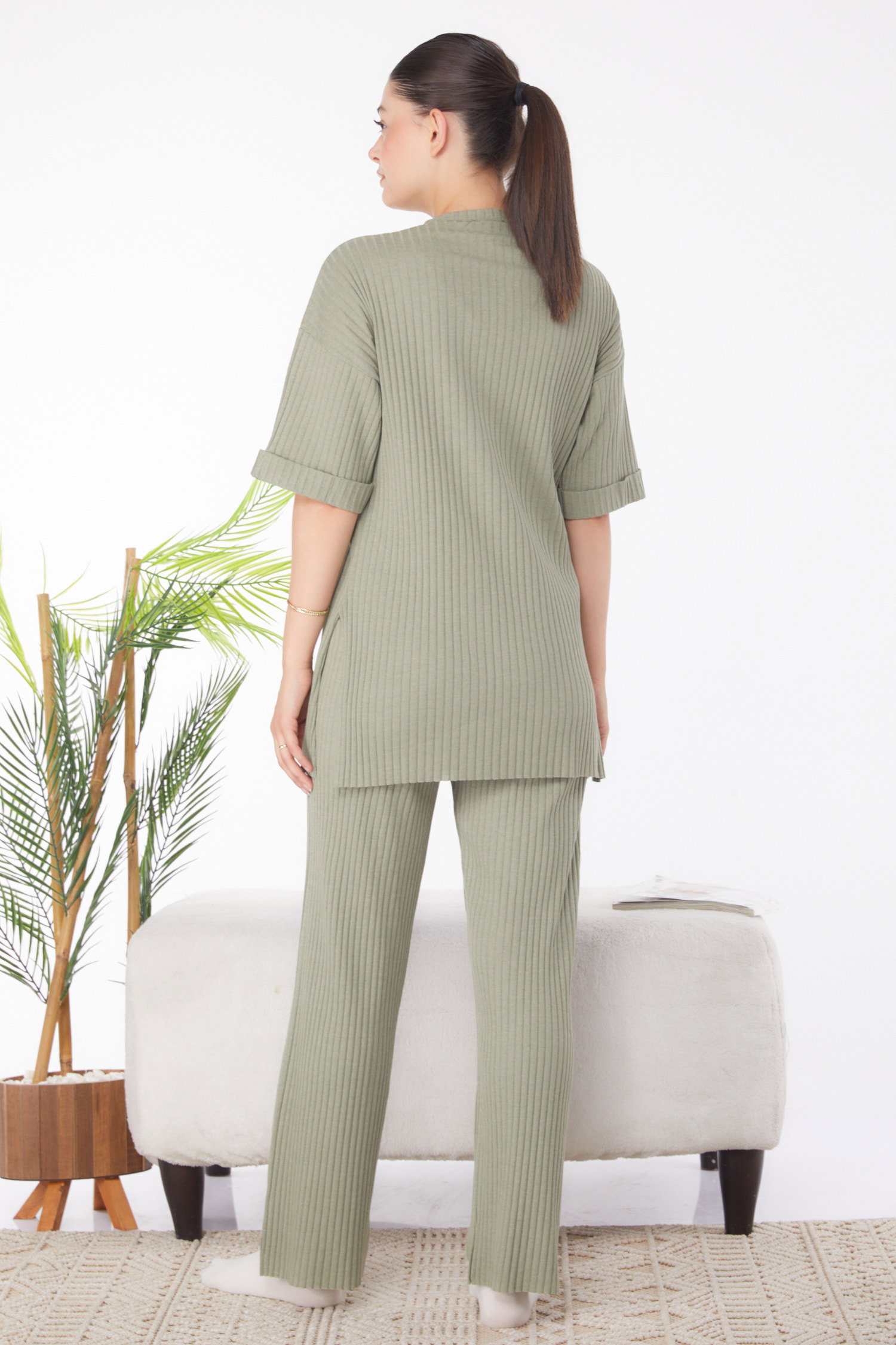 Düz Bisiklet Yaka Kadın Mint Bislet Yaka Kısa Kollu Pijama Takımı - 24453 - 5