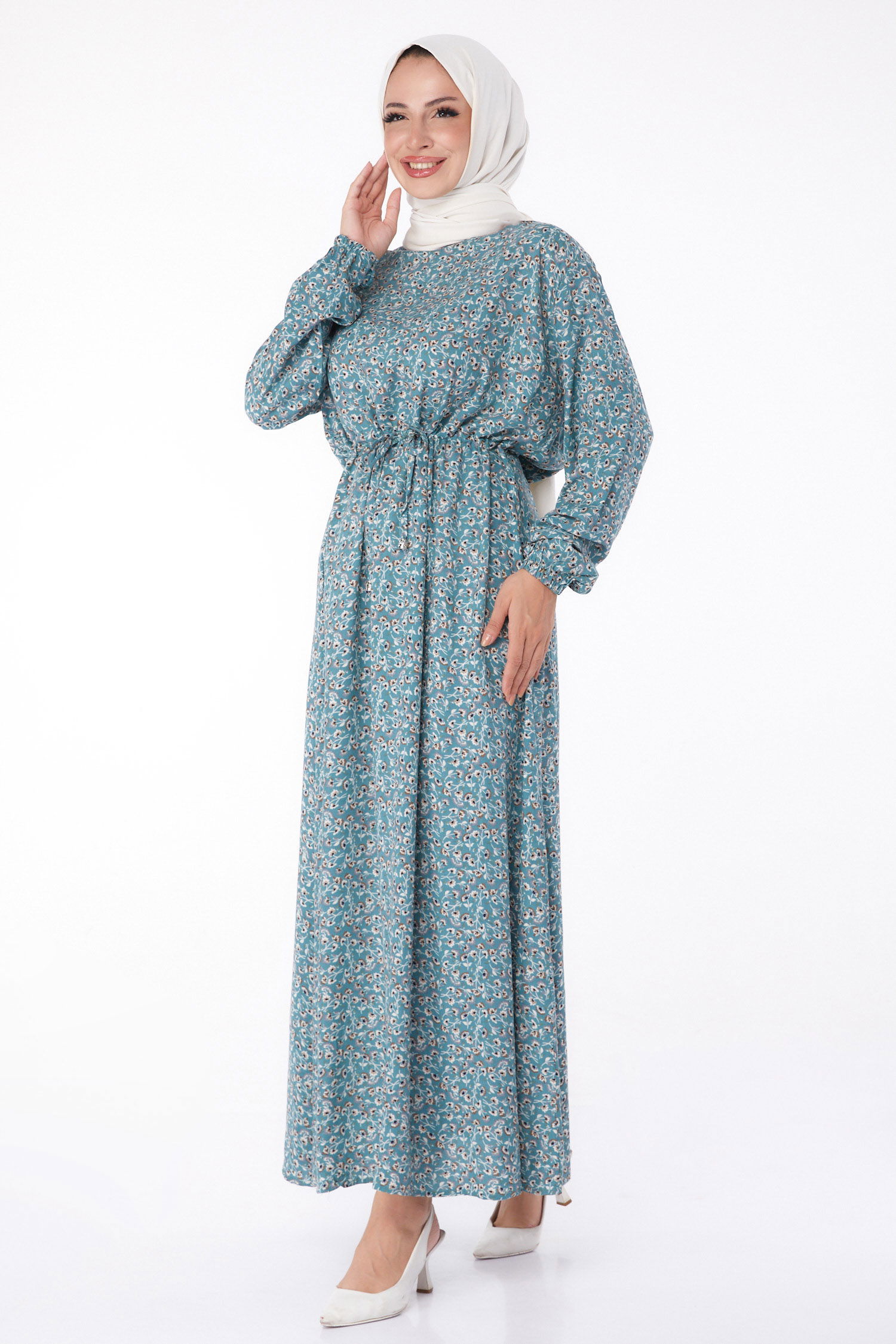 Düz Bisiklet Yaka Kadın Mint Çiçek Desenli Elbise - 26235 - 1