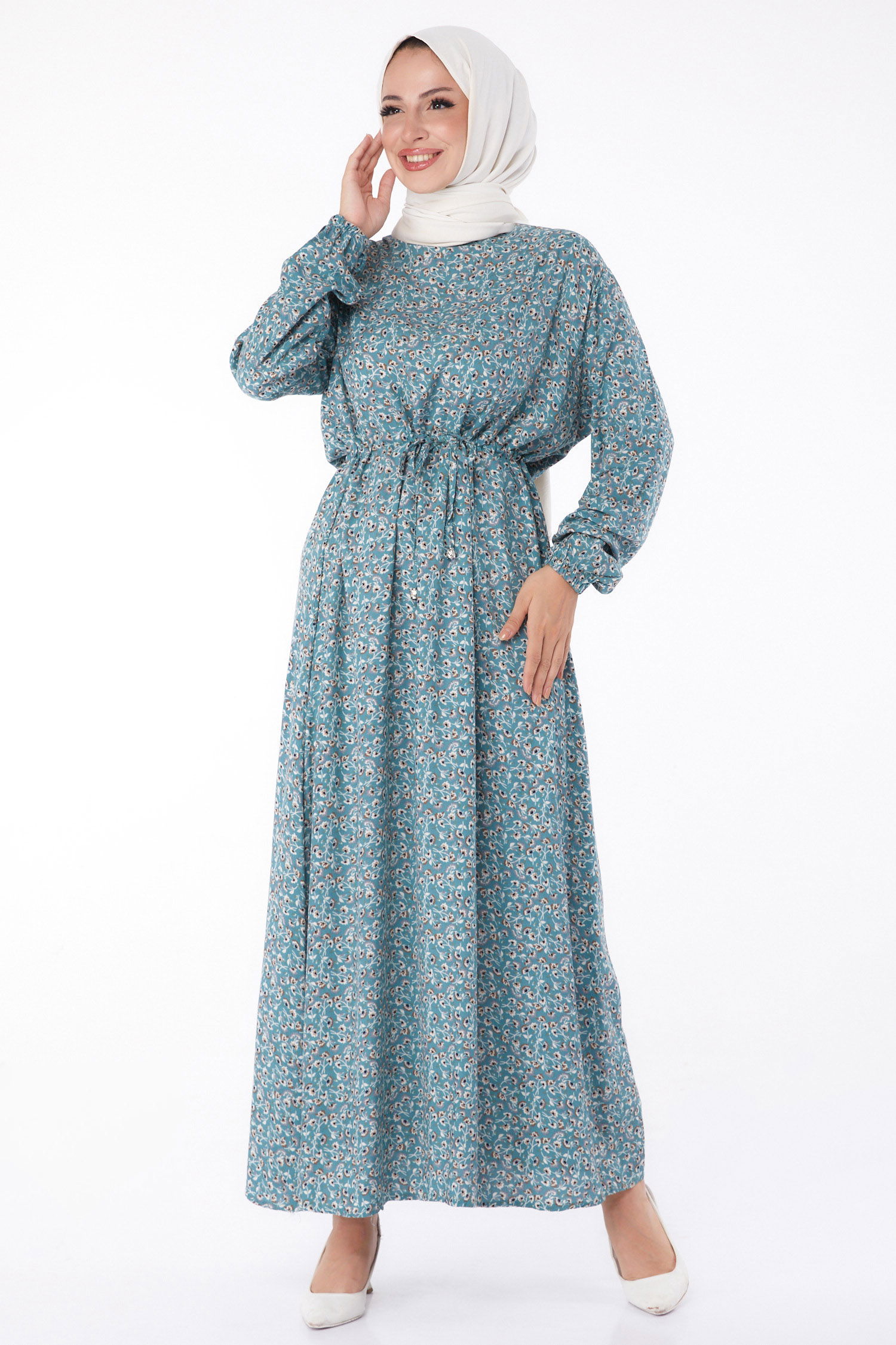 Düz Bisiklet Yaka Kadın Mint Çiçek Desenli Elbise - 26235 - 2