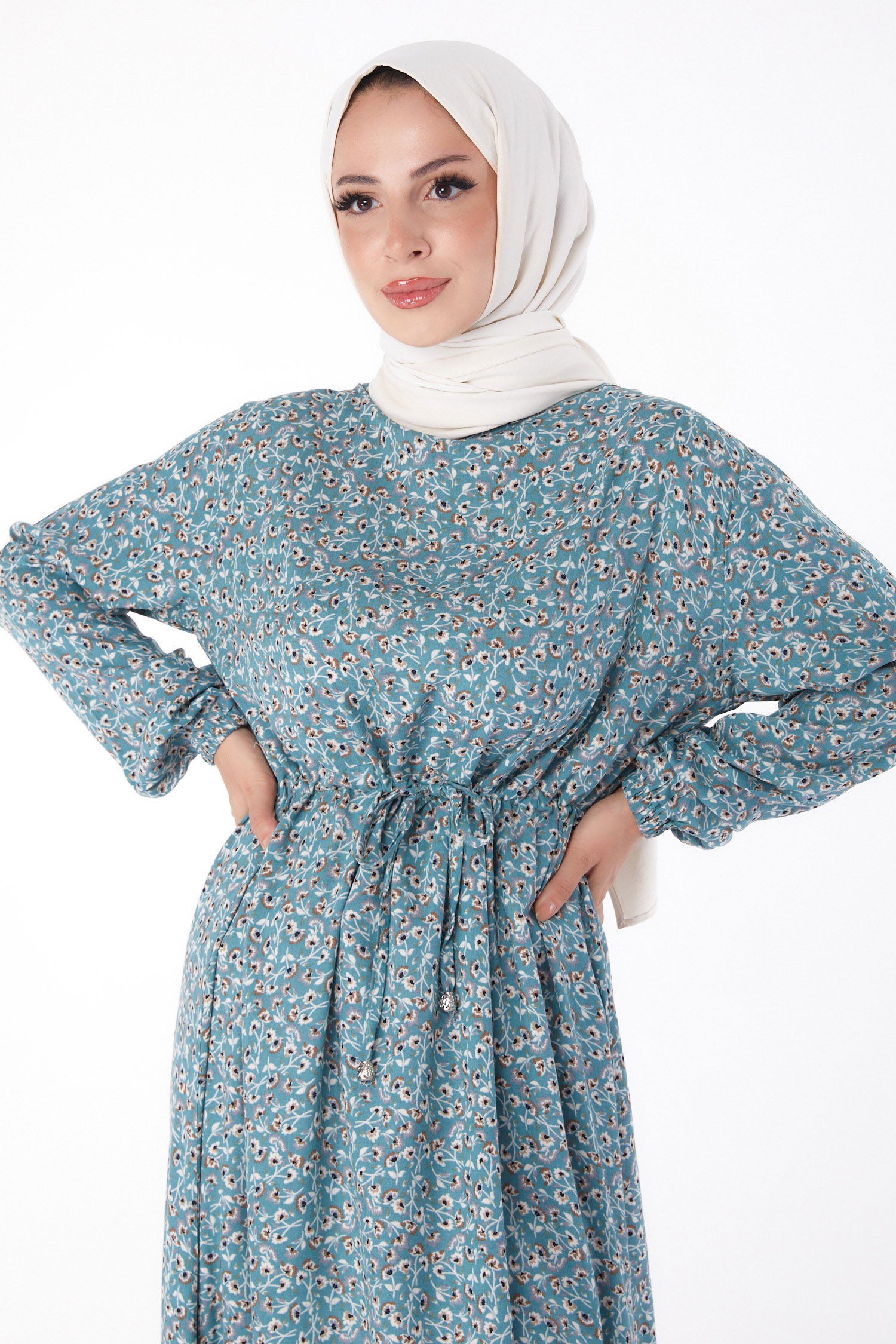 Düz Bisiklet Yaka Kadın Mint Çiçek Desenli Elbise - 26235 - 3