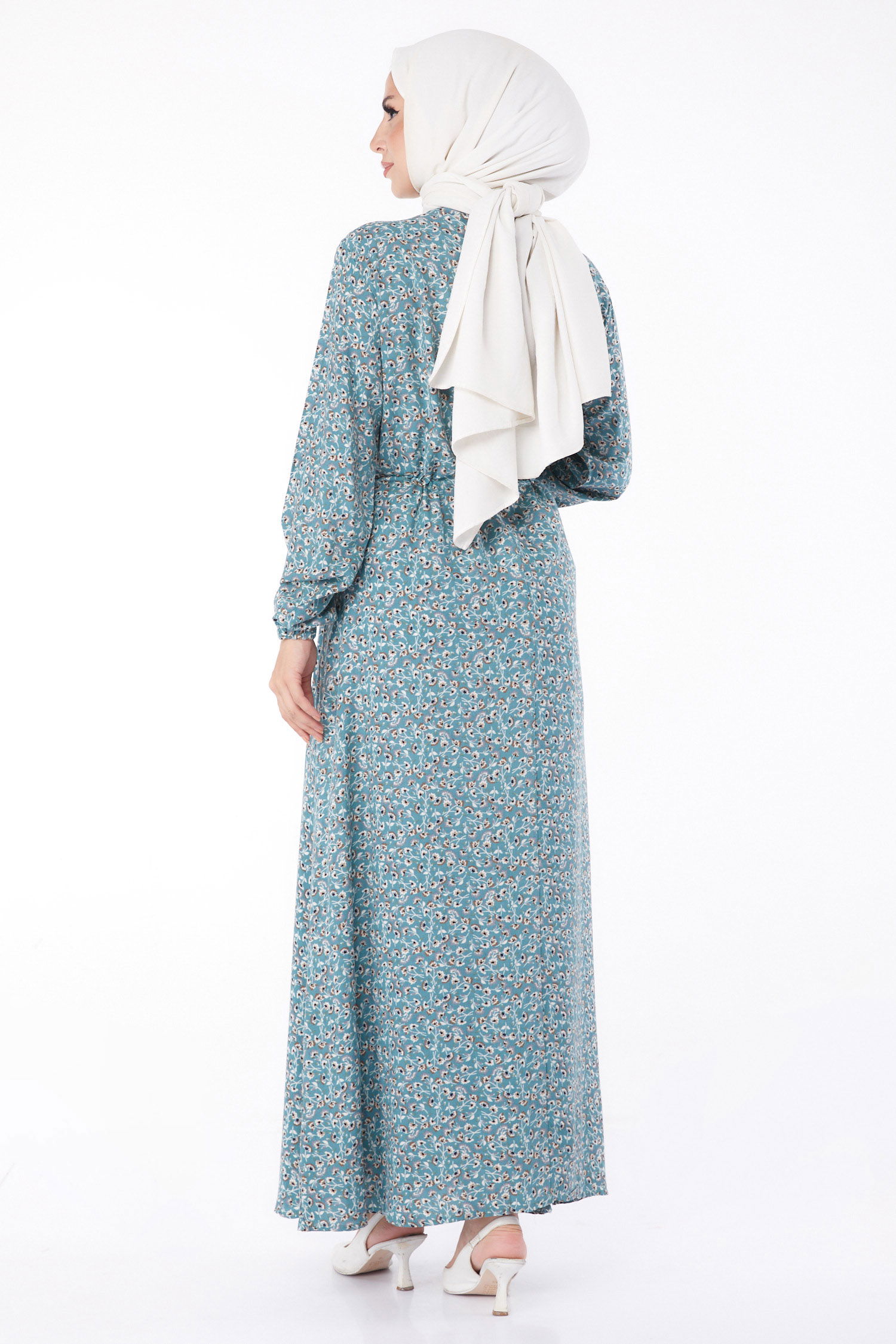 Düz Bisiklet Yaka Kadın Mint Çiçek Desenli Elbise - 26235 - 5