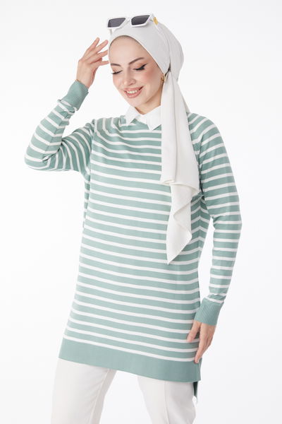 Düz Bisiklet Yaka Kadın Mint Çizgili Triko Tunik - 25238 