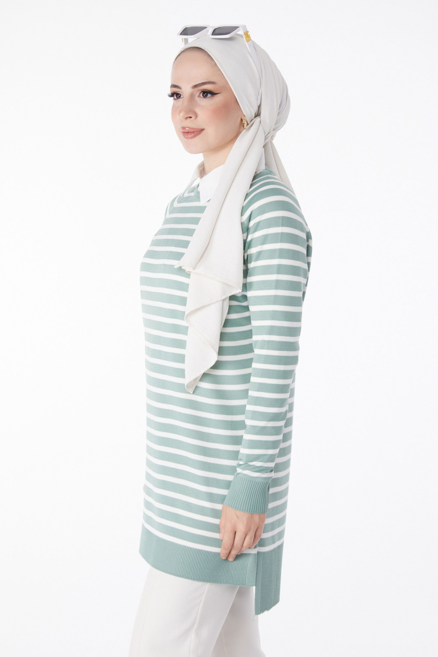 Düz Bisiklet Yaka Kadın Mint Çizgili Triko Tunik - 25238 - 3