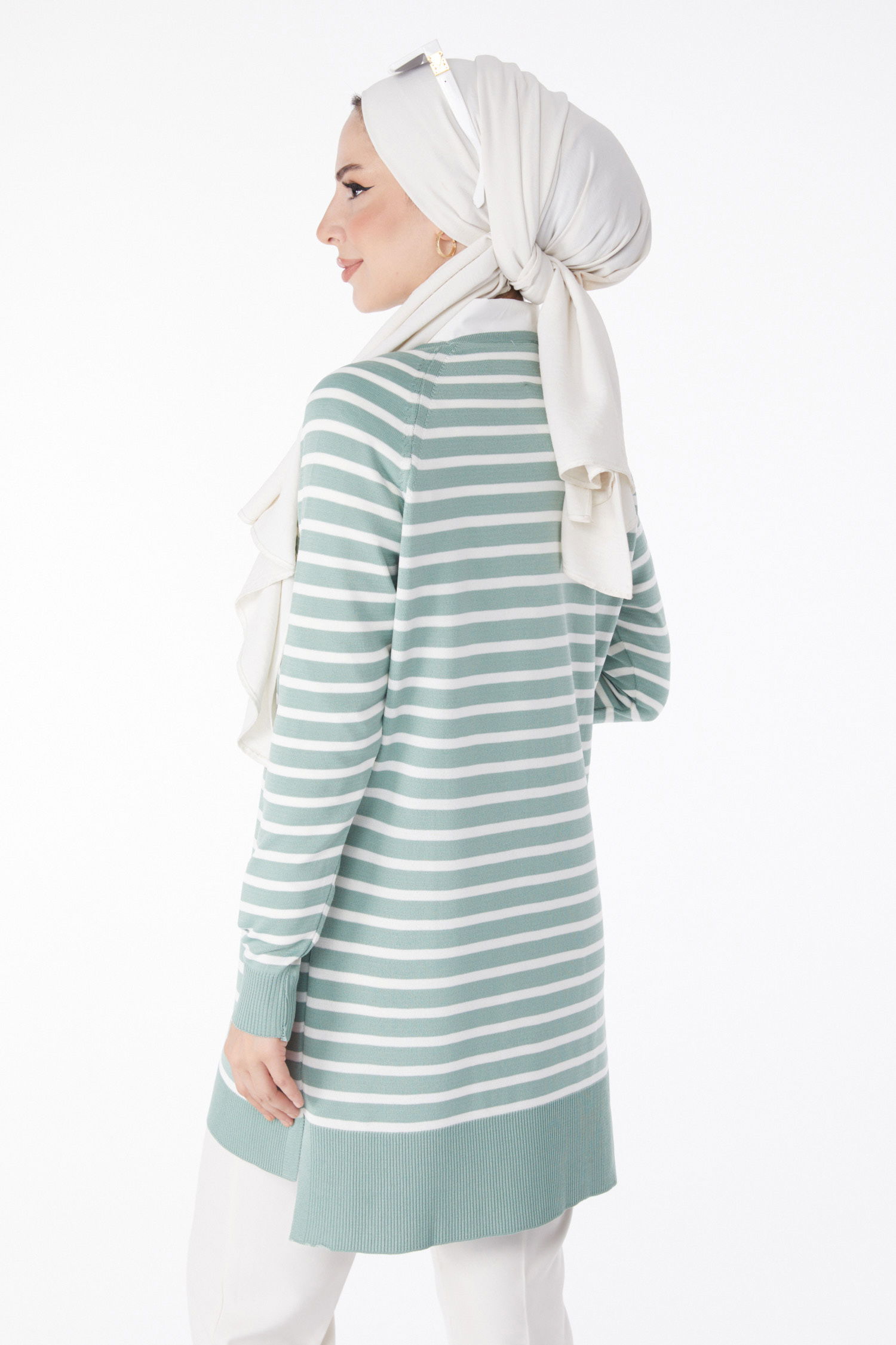 Düz Bisiklet Yaka Kadın Mint Çizgili Triko Tunik - 25238 - 4