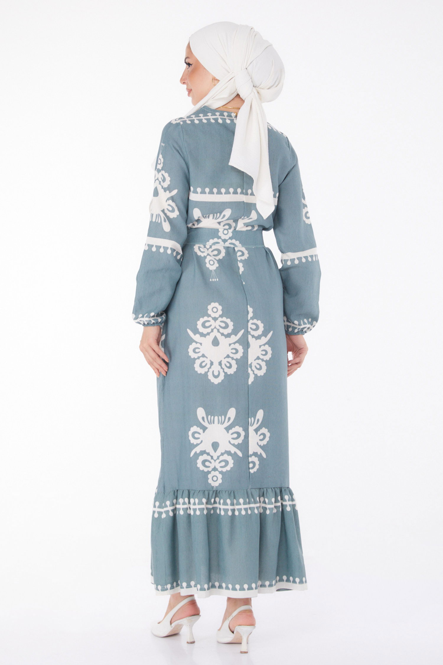 Düz Bisiklet Yaka Kadın Mint Desenli Kat Elbise - 13241 - 5