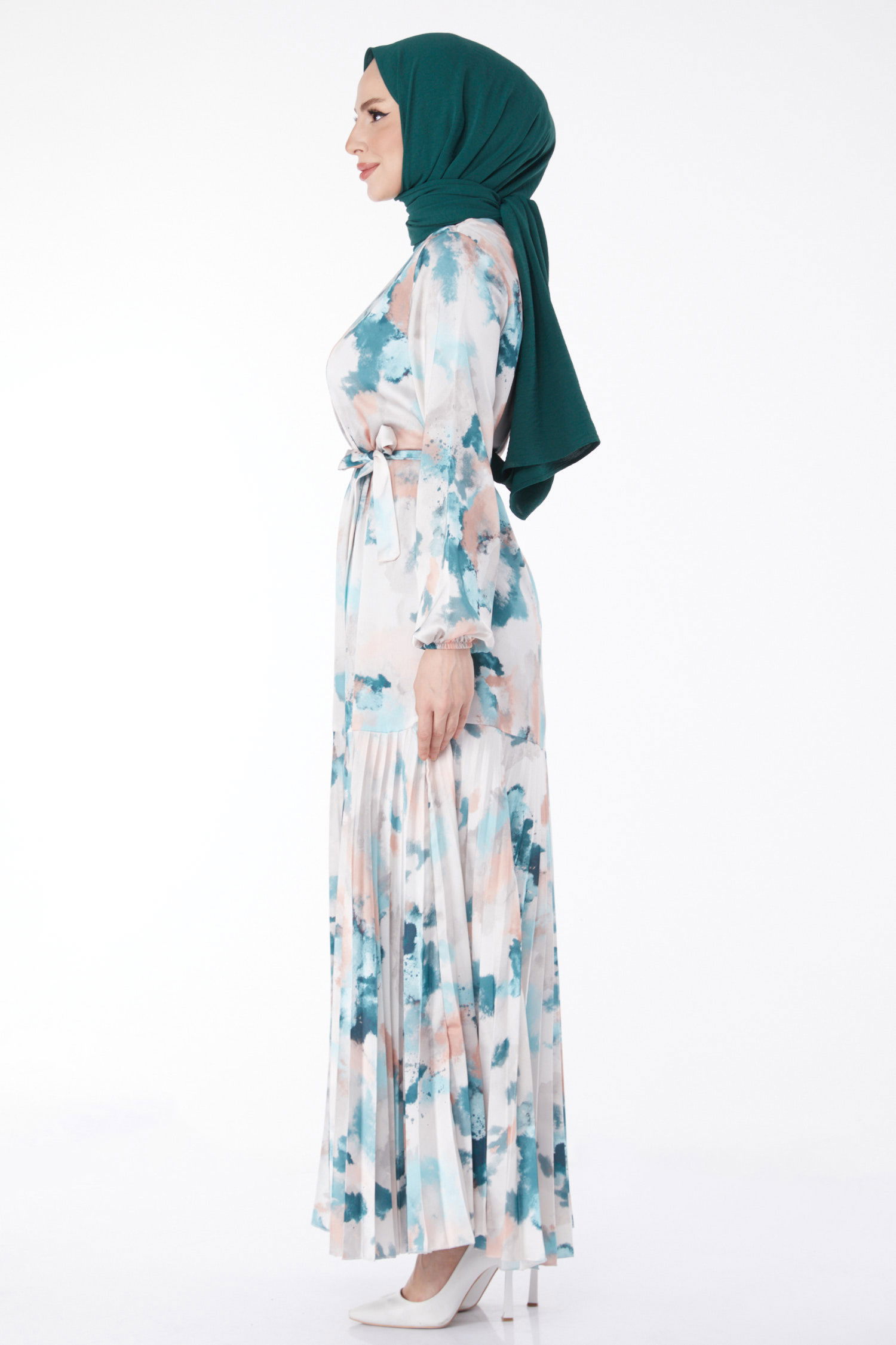 Eteği Pilise Detaylı Desenli Abiye Elbise Mint - 24882 - 4