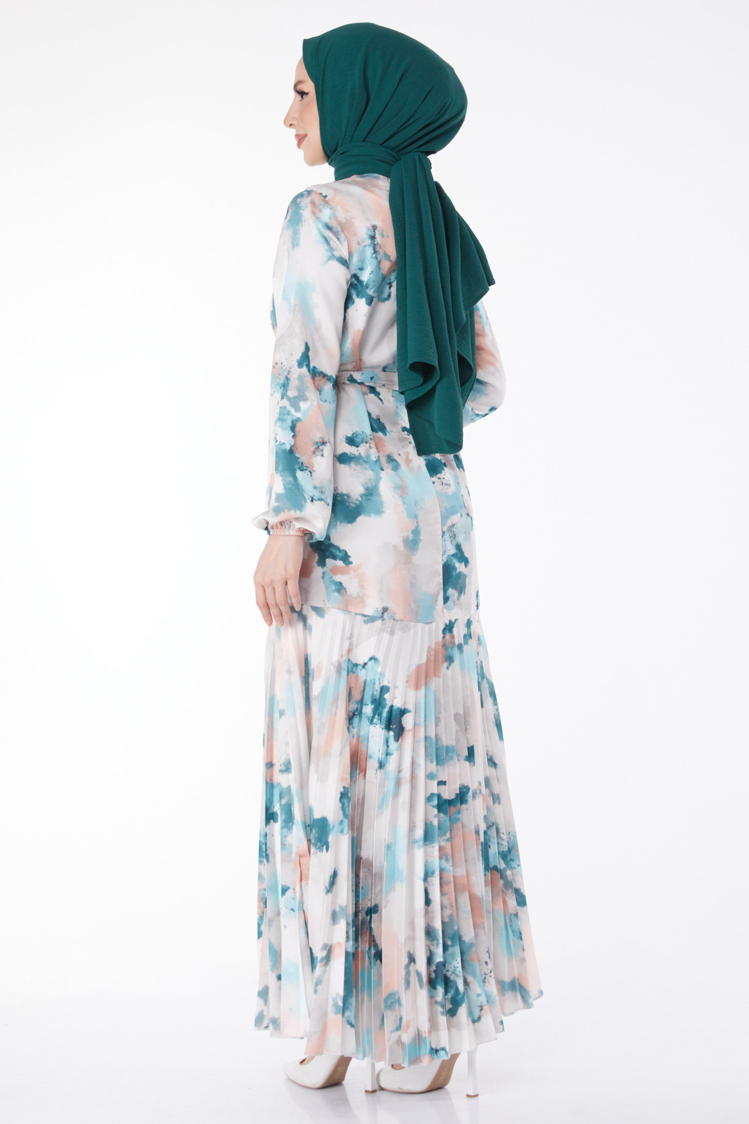 Eteği Pilise Detaylı Desenli Abiye Elbise Mint - 24882 - 5