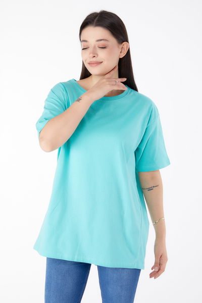 Düz Bisiklet Yaka Kadın Mint Kısa Kollu T-Shirt - 25398 