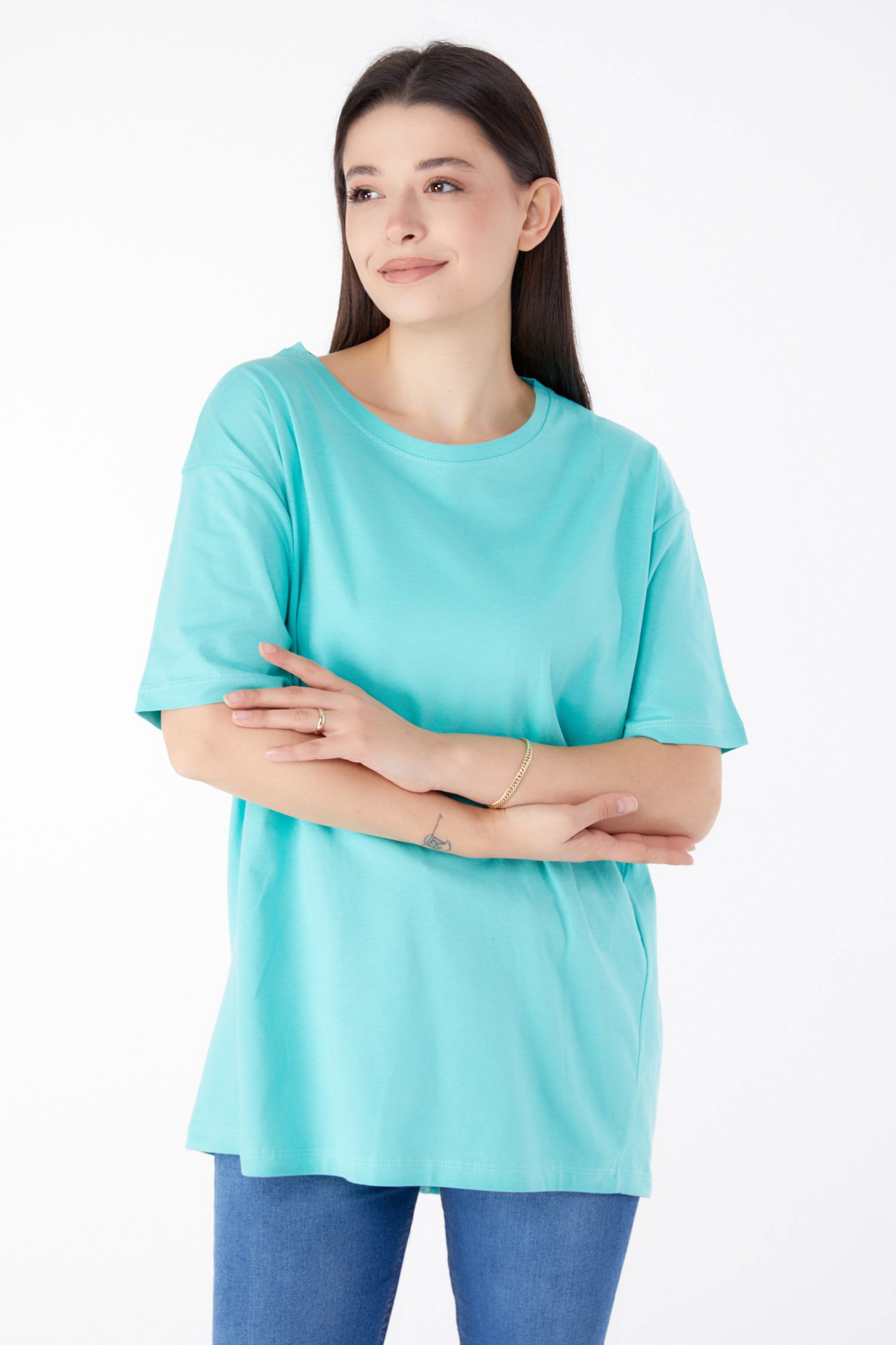 Düz Bisiklet Yaka Kadın Mint Kısa Kollu T-Shirt - 25398 - 2