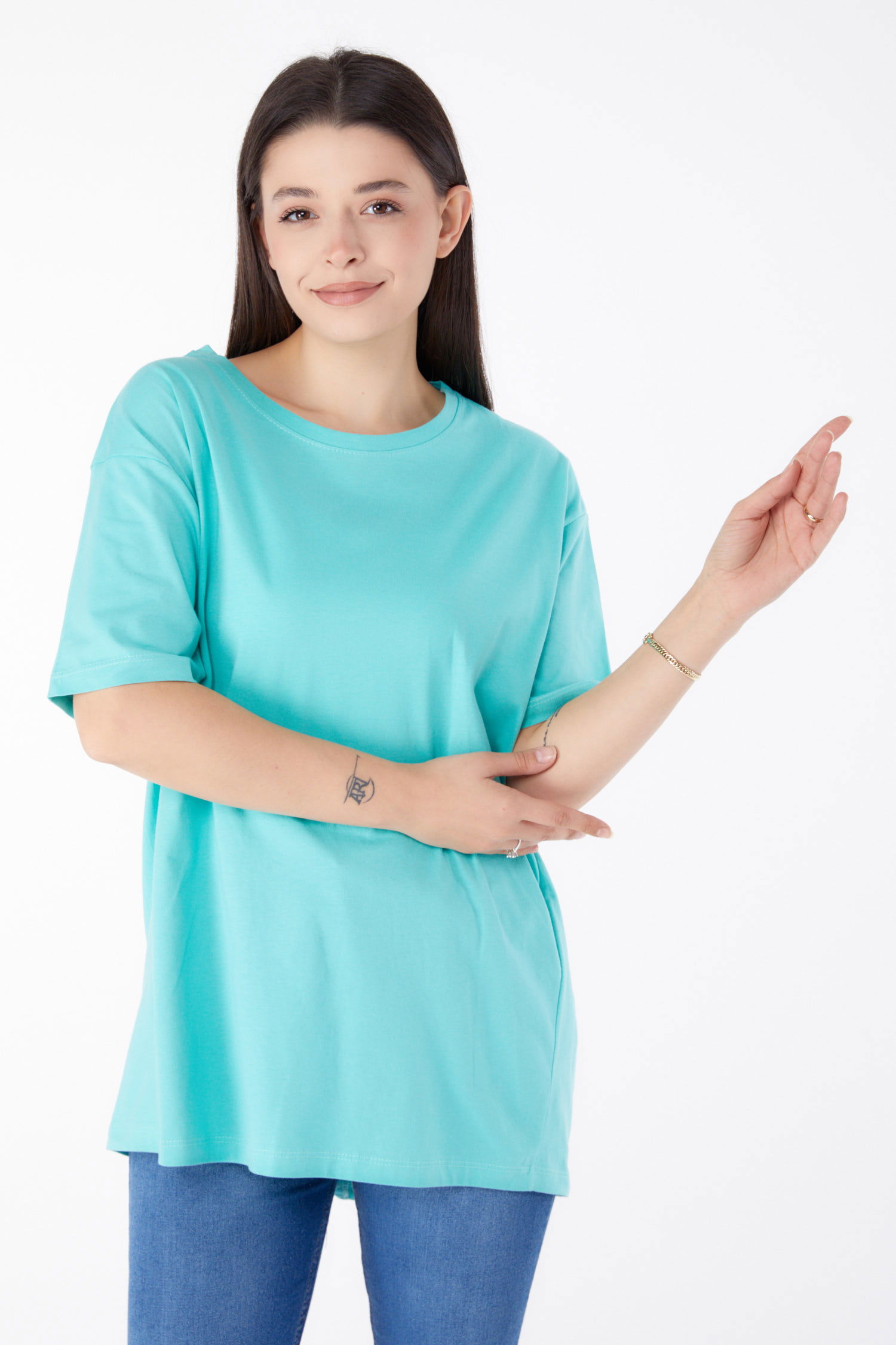 Düz Bisiklet Yaka Kadın Mint Kısa Kollu T-Shirt - 25398 - 3