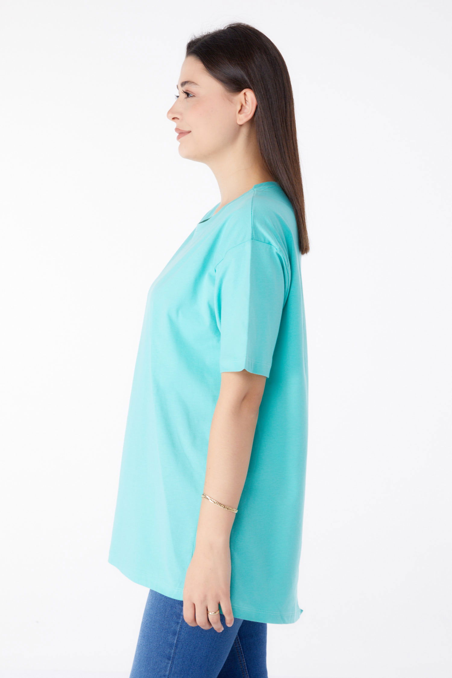 Düz Bisiklet Yaka Kadın Mint Kısa Kollu T-Shirt - 25398 - 4