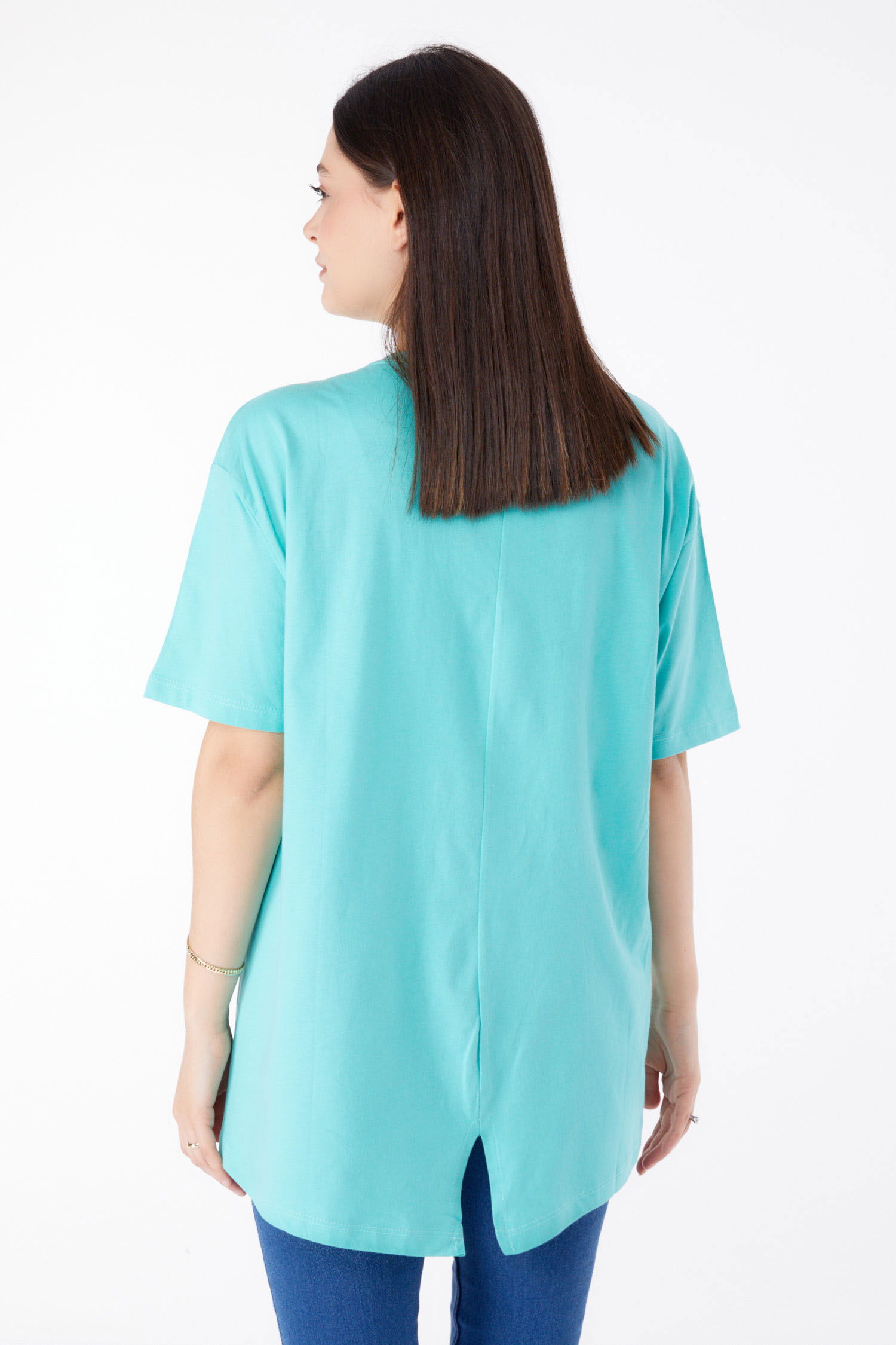 Düz Bisiklet Yaka Kadın Mint Kısa Kollu T-Shirt - 25398 - 5