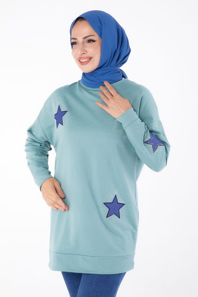 Düz Bisiklet Yaka Kadın Mint Nakışlı Sweatshirt - 13297 