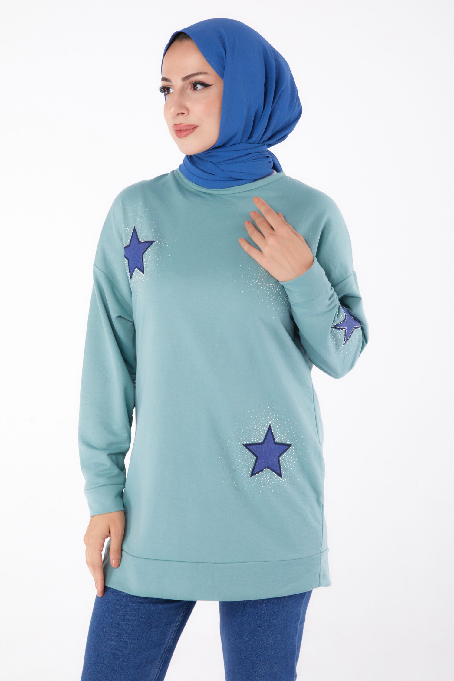 Düz Bisiklet Yaka Kadın Mint Nakışlı Sweatshirt - 13297 - 2