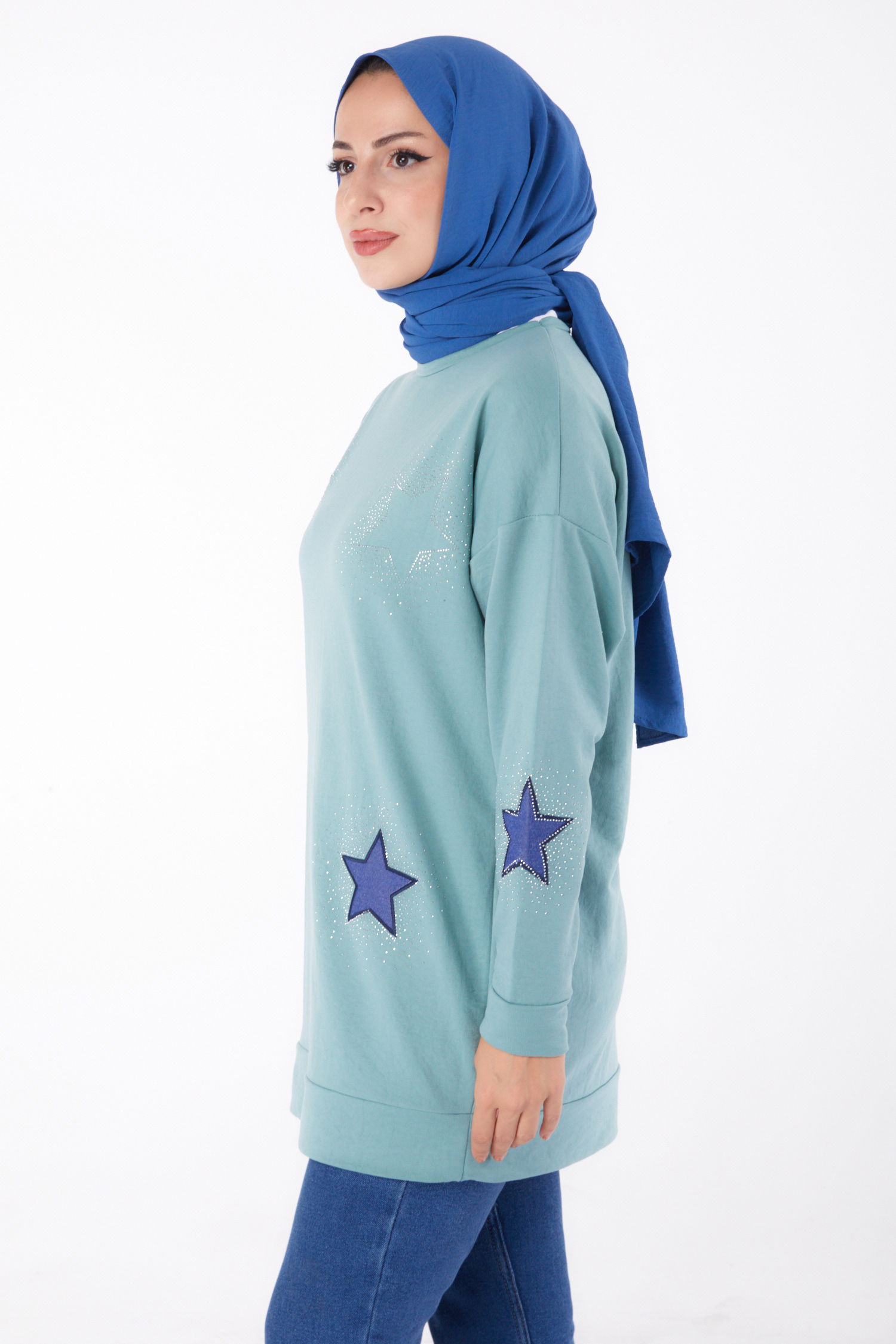 Düz Bisiklet Yaka Kadın Mint Nakışlı Sweatshirt - 13297 - 3