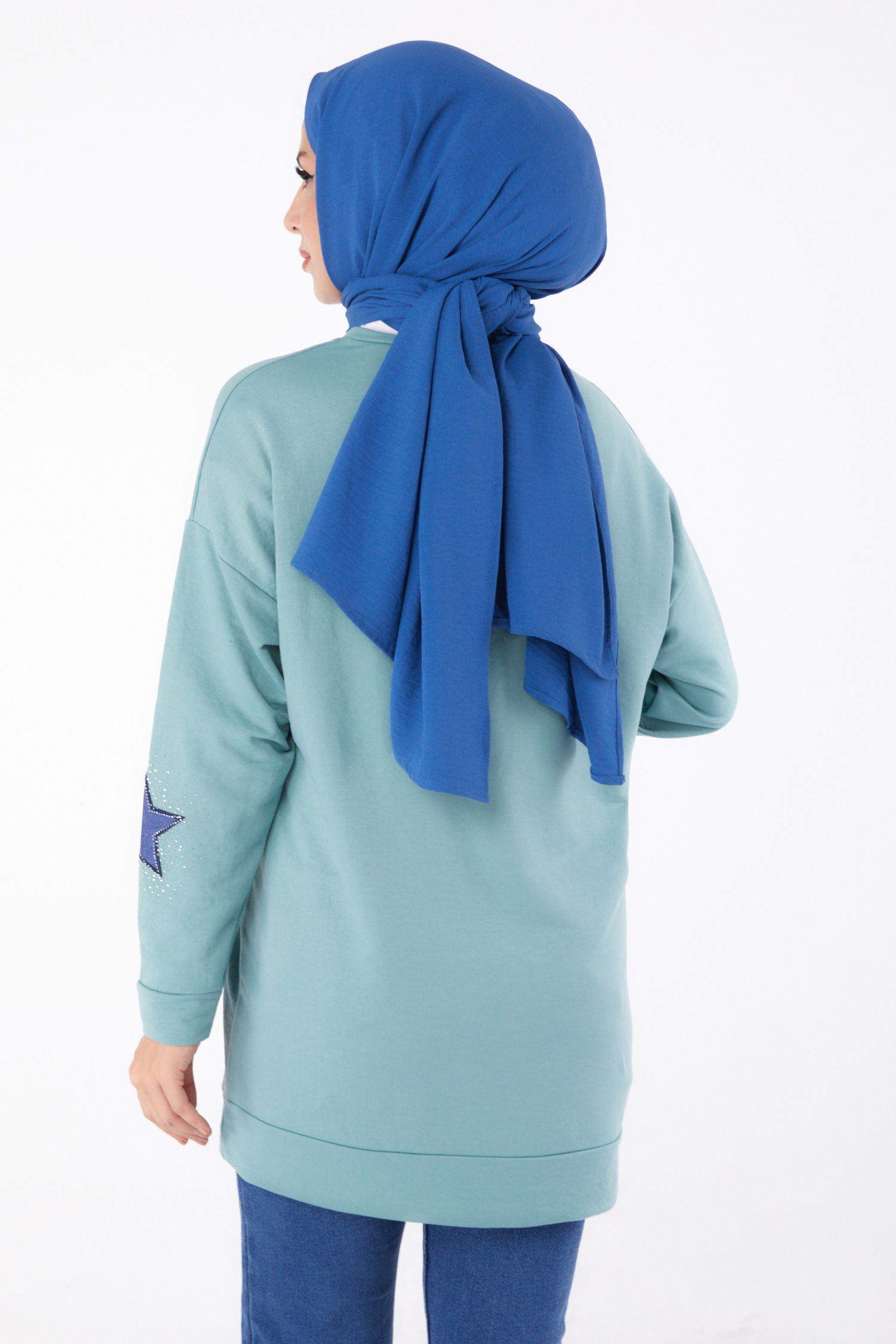 Düz Bisiklet Yaka Kadın Mint Nakışlı Sweatshirt - 13297 - 4
