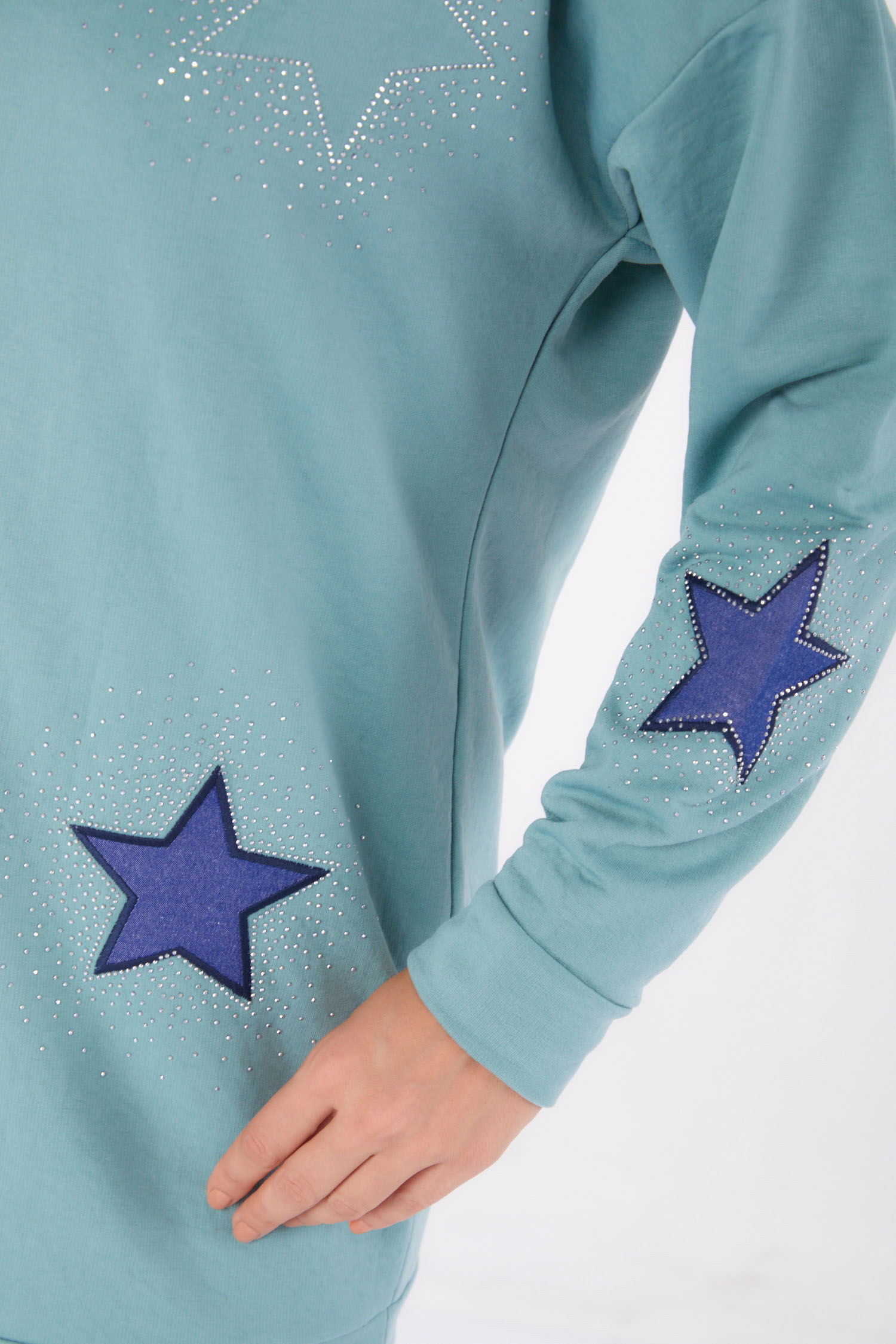 Düz Bisiklet Yaka Kadın Mint Nakışlı Sweatshirt - 13297 - 5