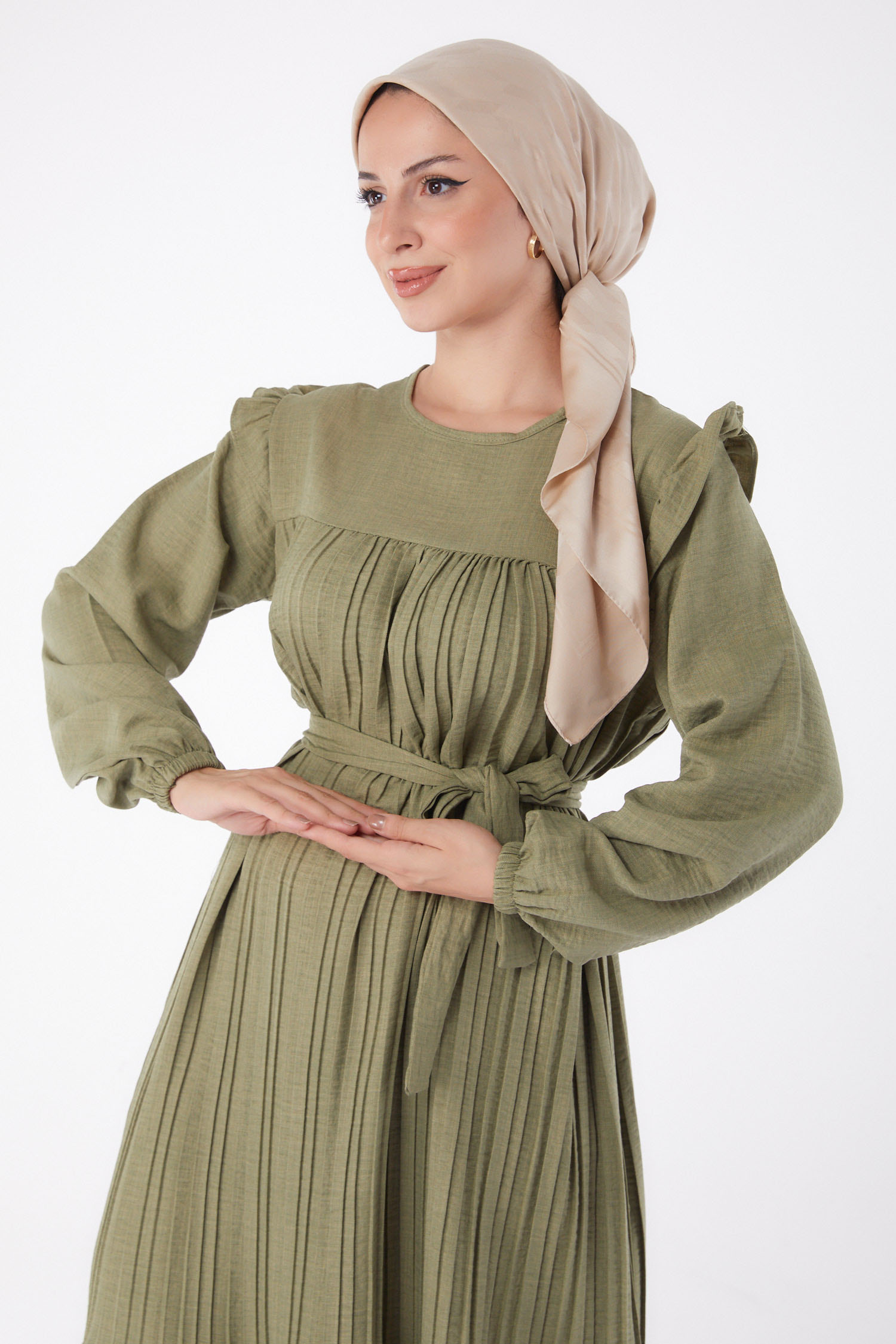 Düz Bisiklet Yaka Kadın Mint Piliseli Tesettür Elbise - 25382 - 1