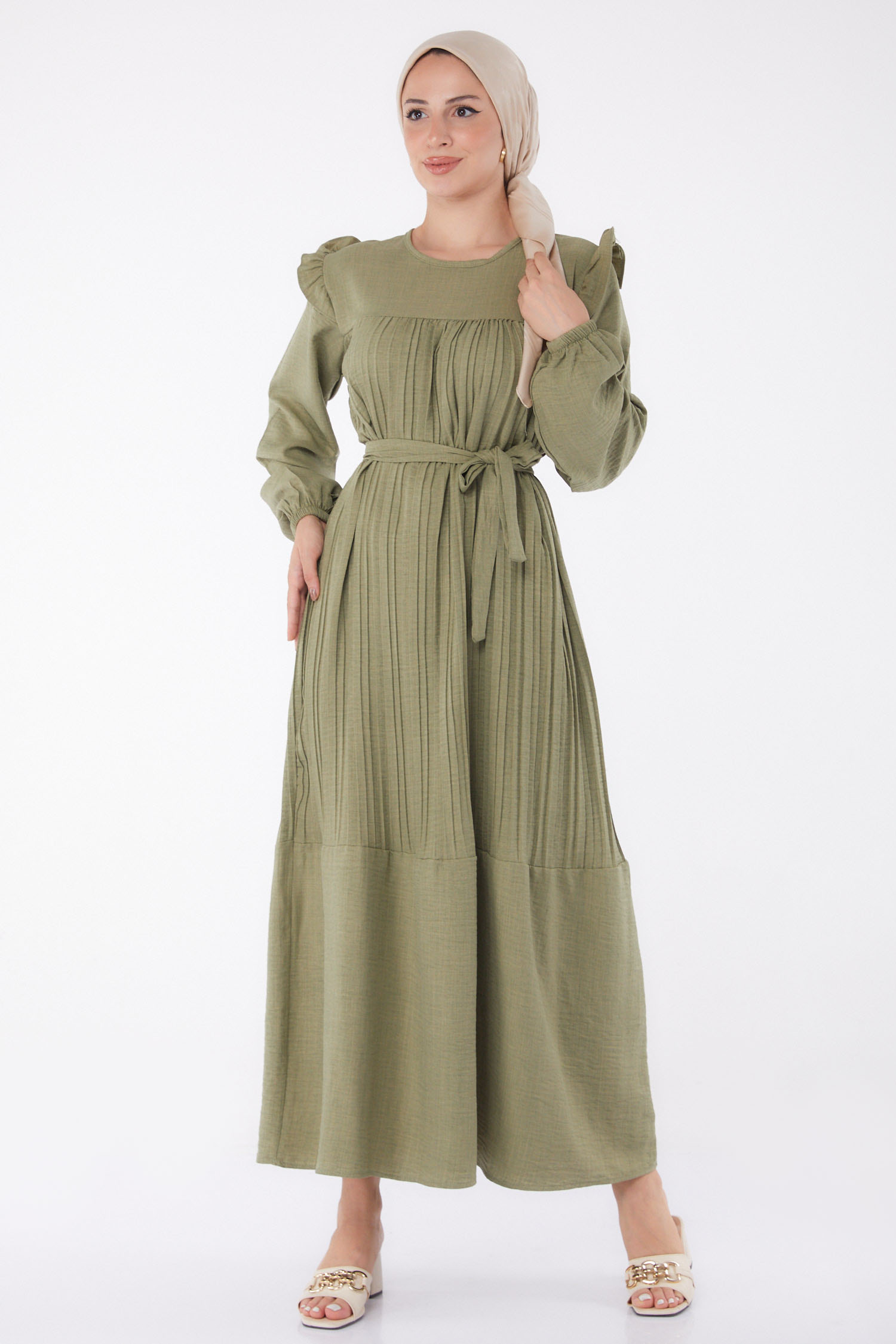 Düz Bisiklet Yaka Kadın Mint Piliseli Tesettür Elbise - 25382 - 2