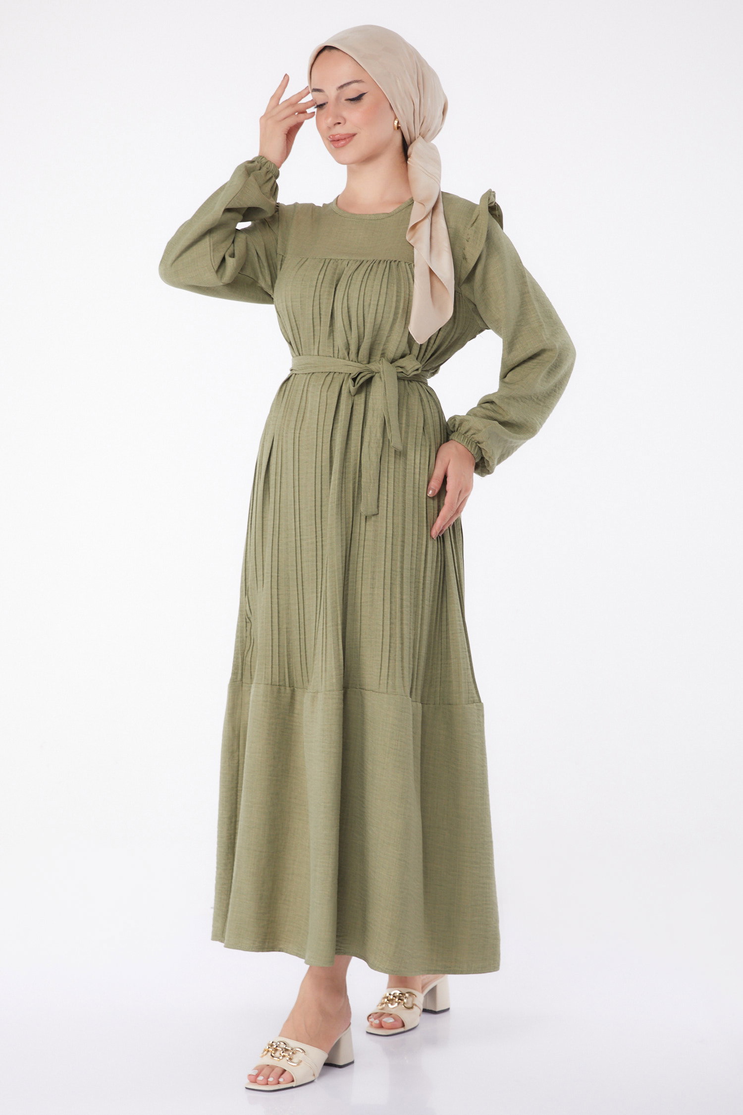 Düz Bisiklet Yaka Kadın Mint Piliseli Tesettür Elbise - 25382 - 3