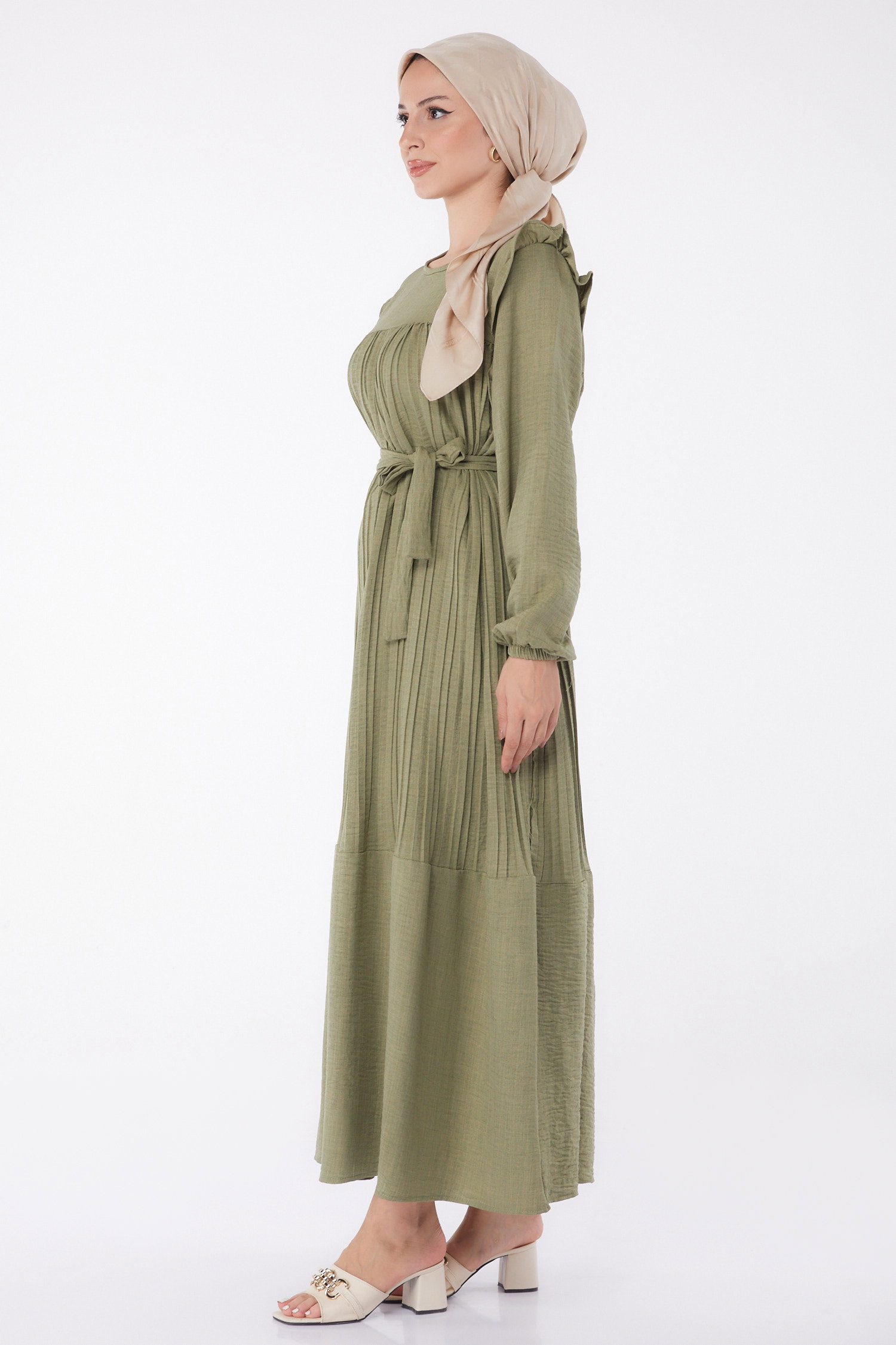 Düz Bisiklet Yaka Kadın Mint Piliseli Tesettür Elbise - 25382 - 4