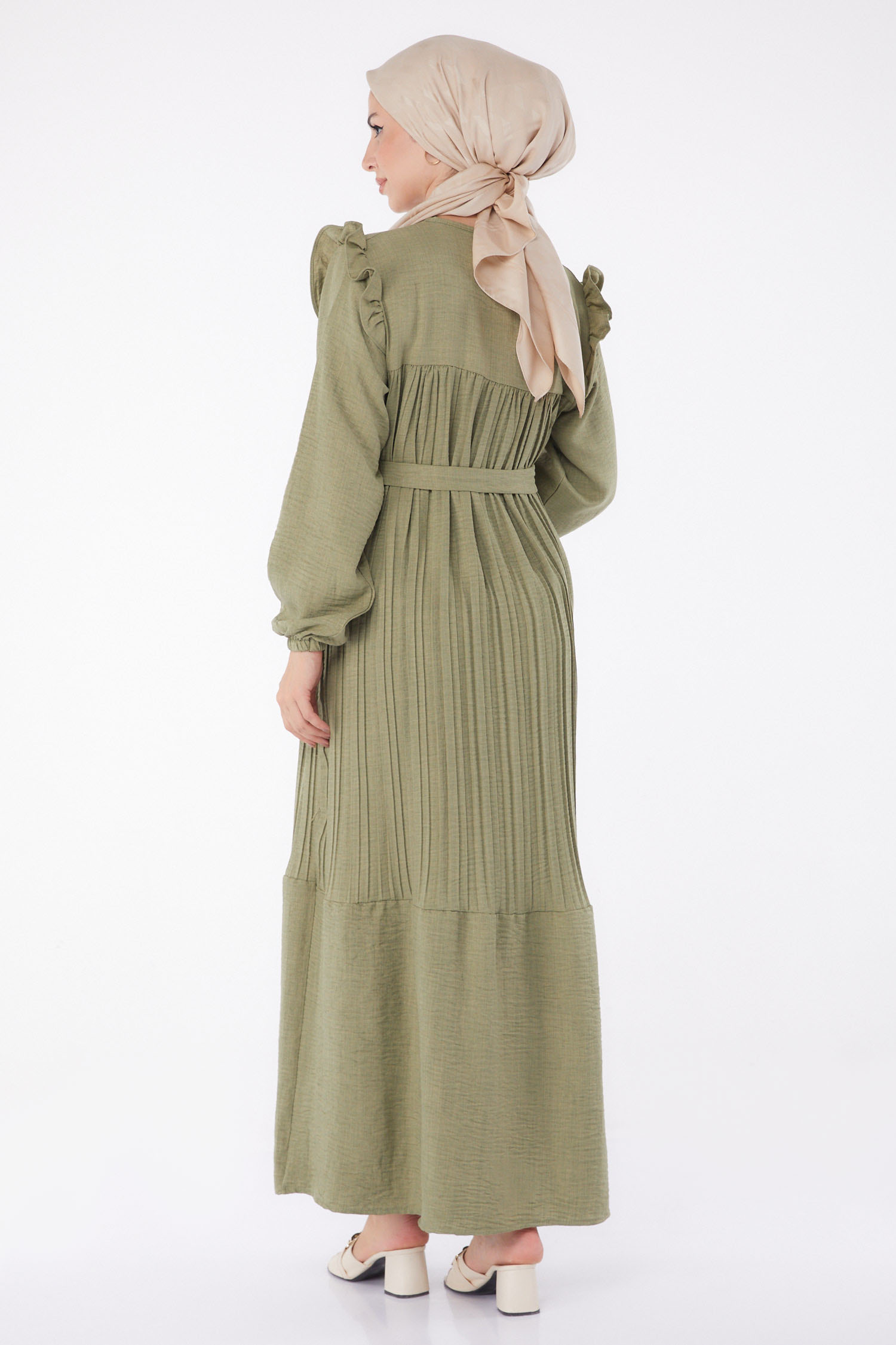 Düz Bisiklet Yaka Kadın Mint Piliseli Tesettür Elbise - 25382 - 5