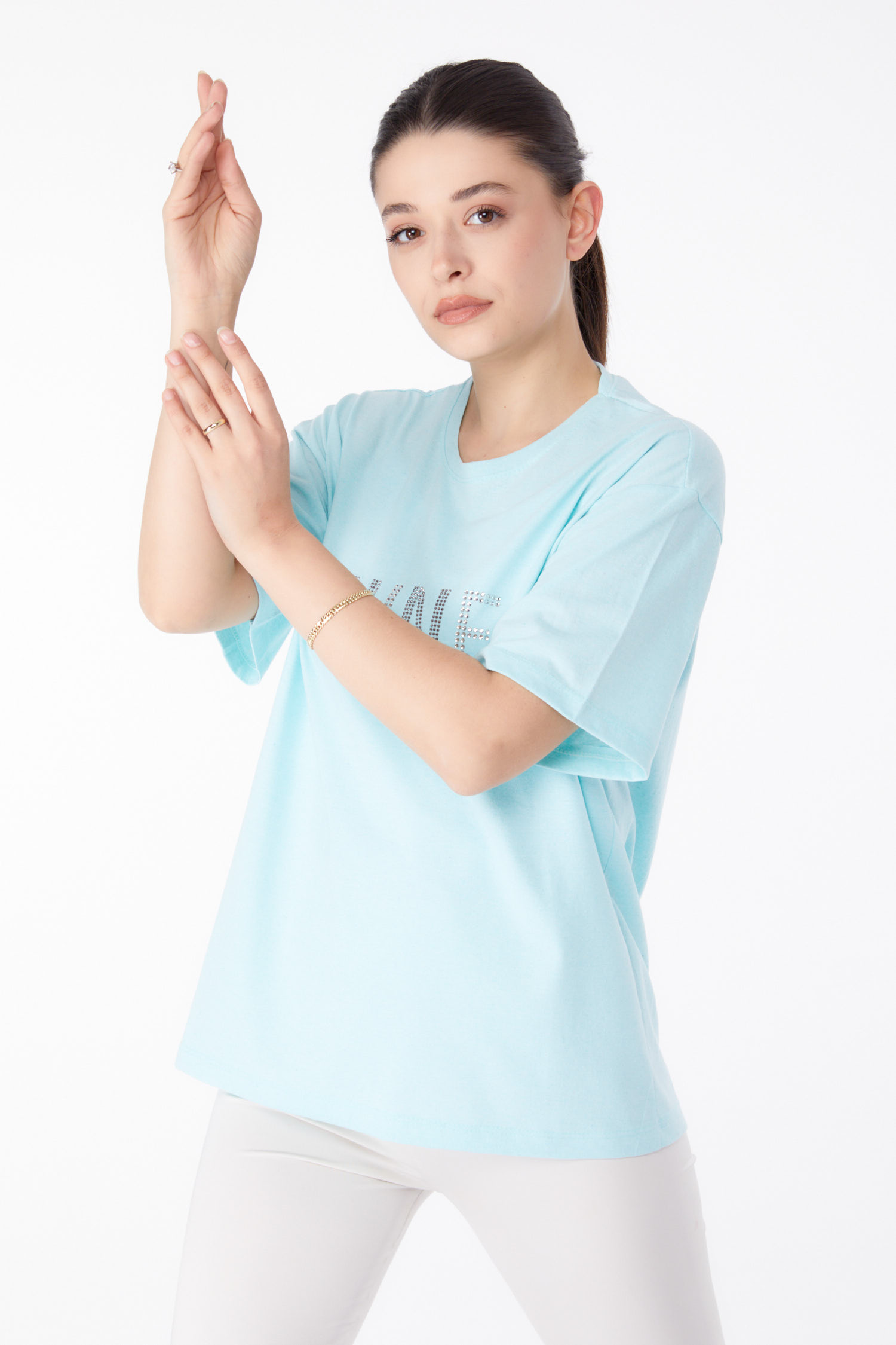 Düz Bisiklet Yaka Kadın Mint Taşlı T-Shirt - 25474 - 1