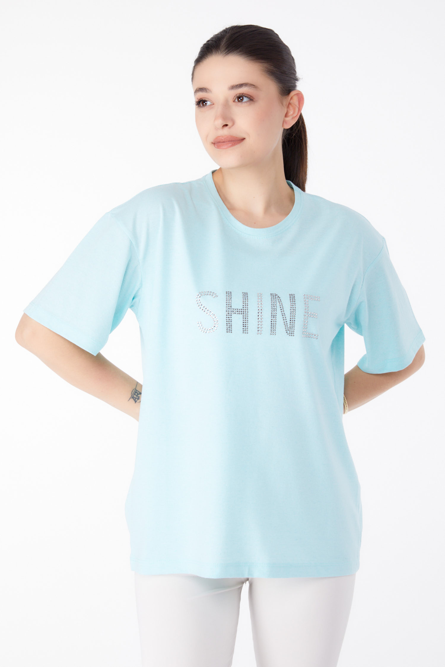 Düz Bisiklet Yaka Kadın Mint Taşlı T-Shirt - 25474 - 2