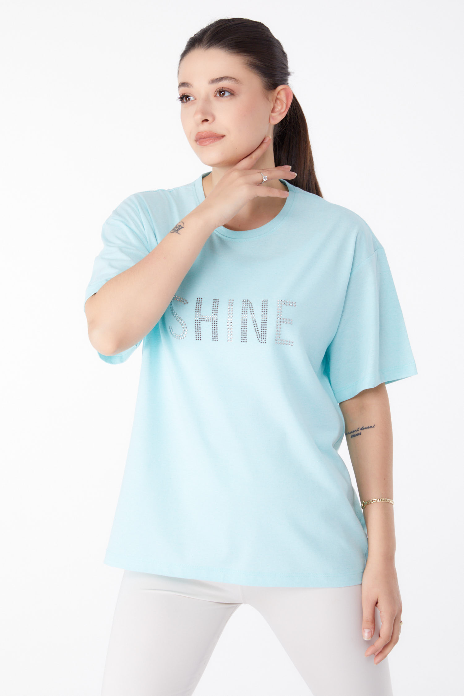 Düz Bisiklet Yaka Kadın Mint Taşlı T-Shirt - 25474 - 3