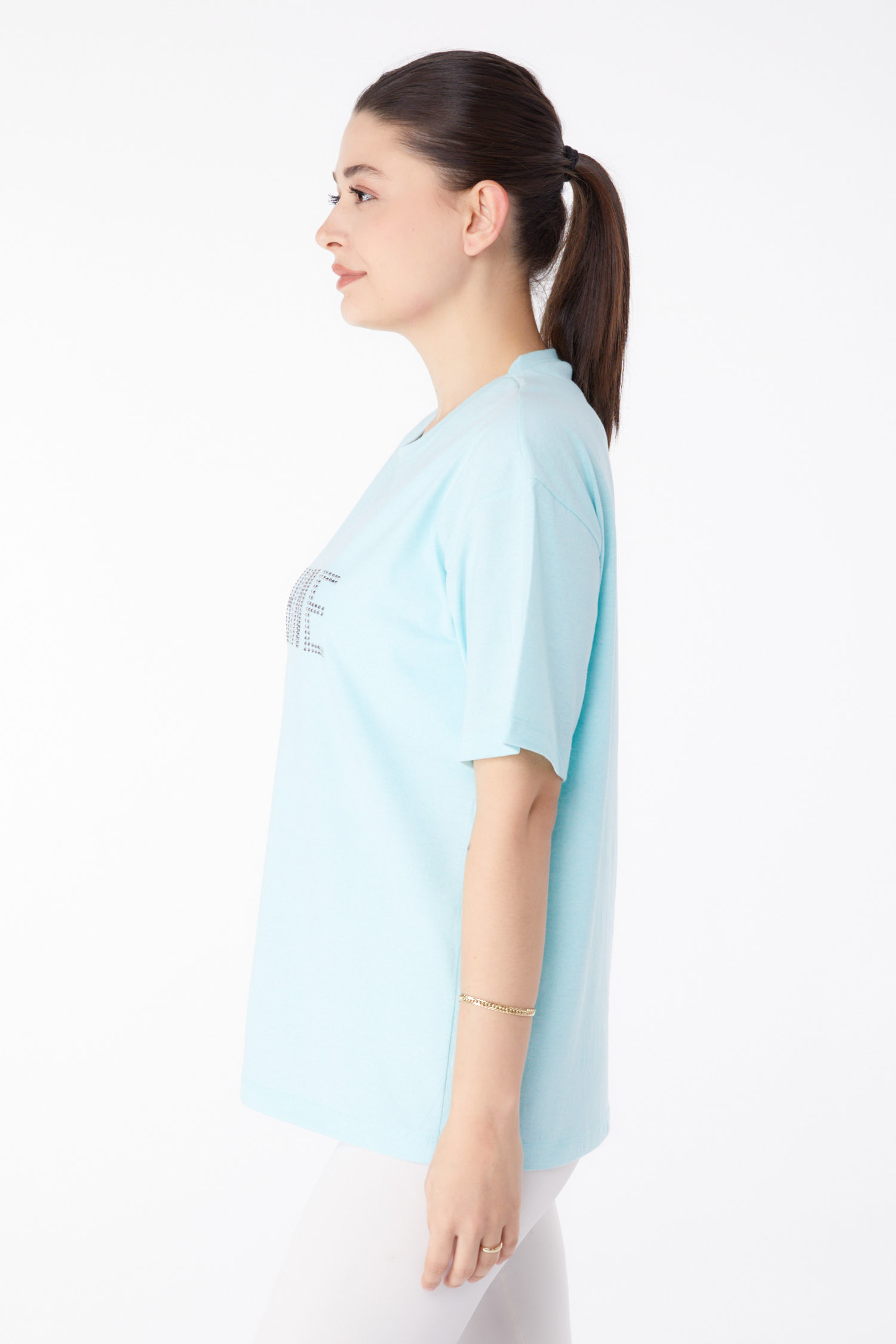 Düz Bisiklet Yaka Kadın Mint Taşlı T-Shirt - 25474 - 4