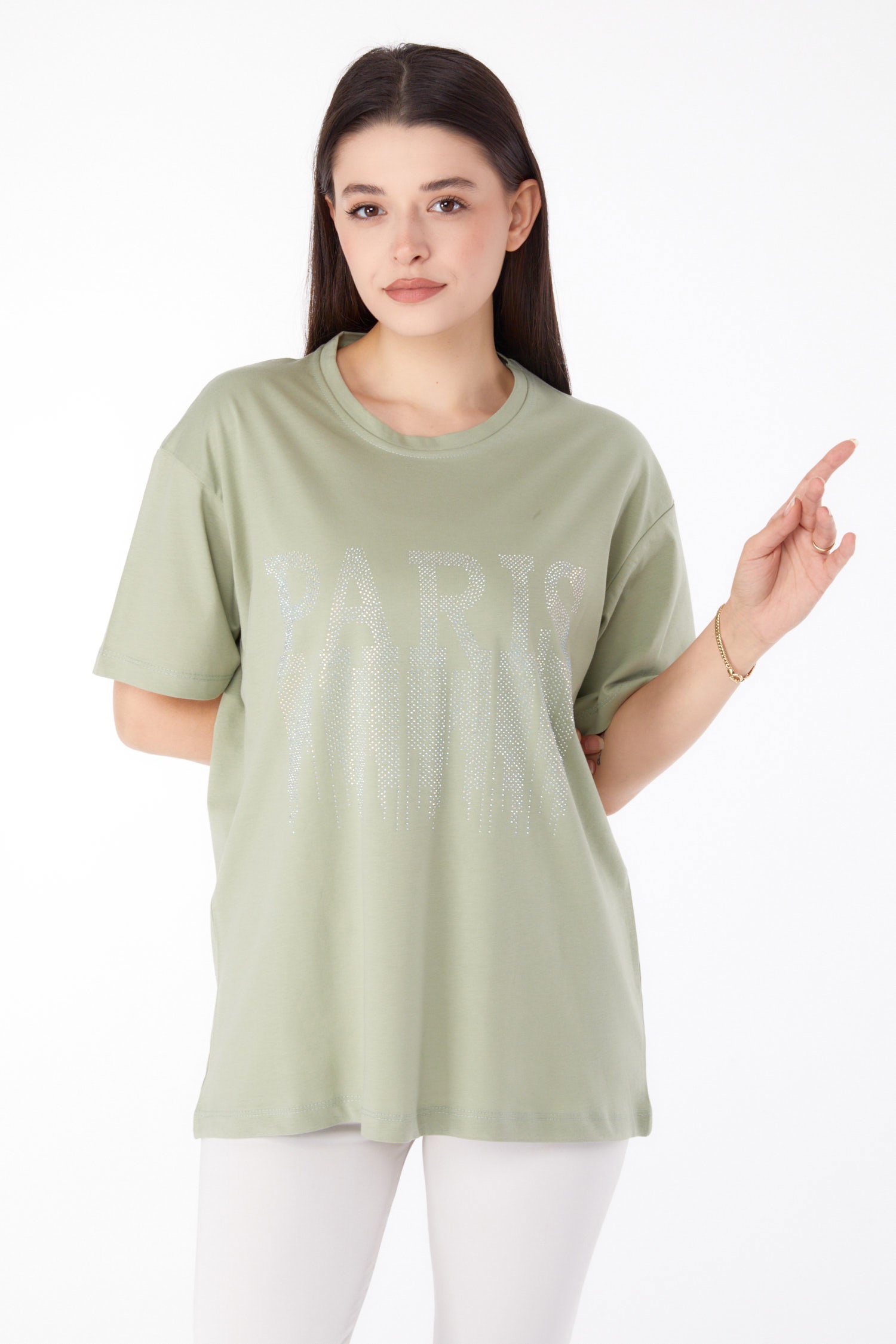 Düz Bisiklet Yaka Kadın Mint Taşlı T-shirt - 25698 - 1